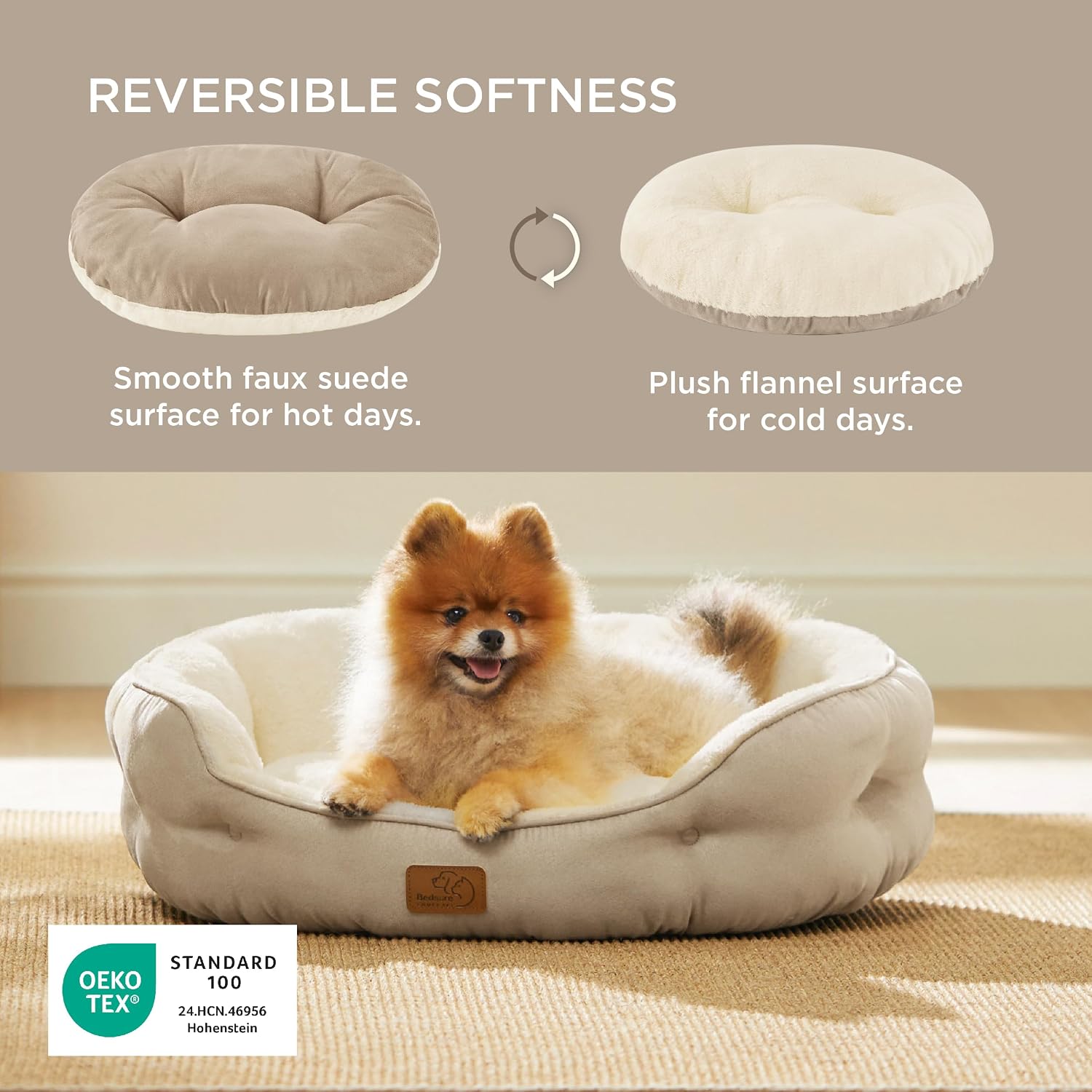 Detalle de Bedsure 25in Camel Round Pet Bed with Plush Fleece and Non-Slip Base