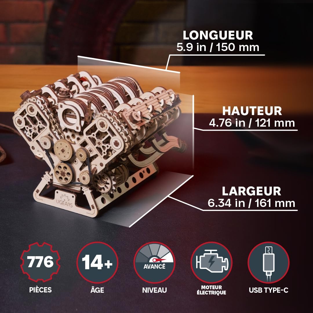 Thumbnail 3 de UGEARS V8 Engine Model Kit: Puzzle 3D in Legno per Adulti (776 pezzi) - Motore V8 in scala 1:6