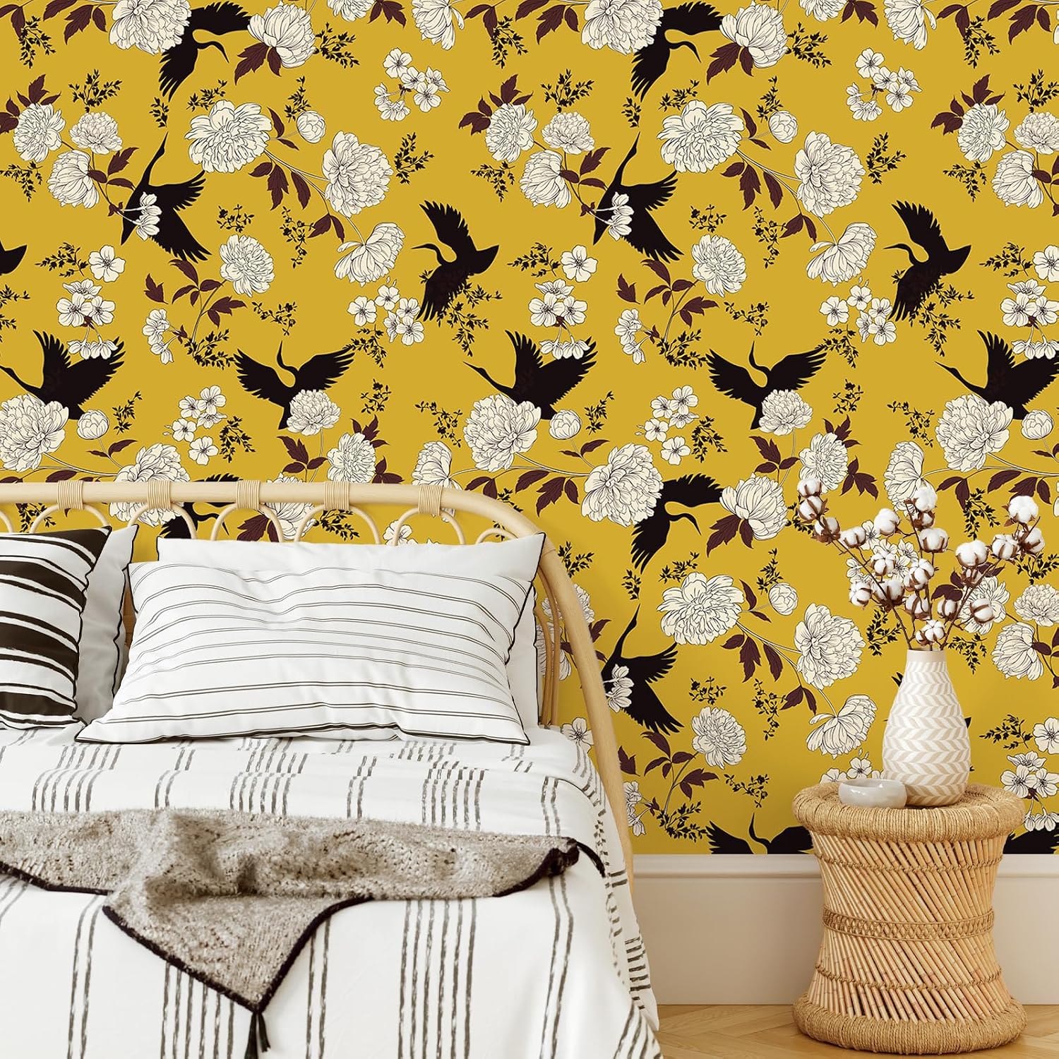 Detalle de VEELIKE Vintage Yellow Floral Wallpaper 44.5×300cm 📐