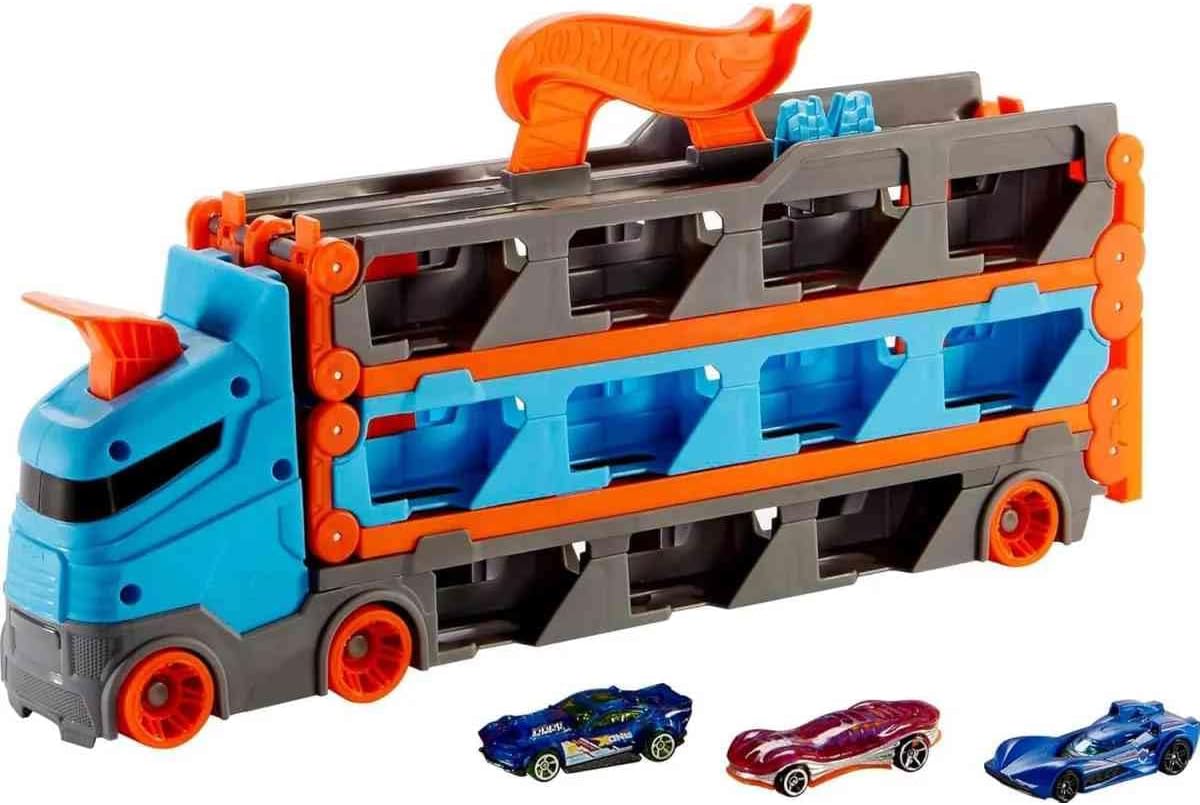 Detalle 2 de Hot Wheels Super Transporteur Extensible HGH33 : semi-remorque qui se déplie en piste