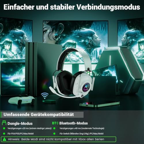 Detalle de Krysenix Gaming Headset Wireless mit Mikrofon – 2,4‑GHz/Bluetooth 5.4, 60h Akku, PS5/PS4/PC/Switch
