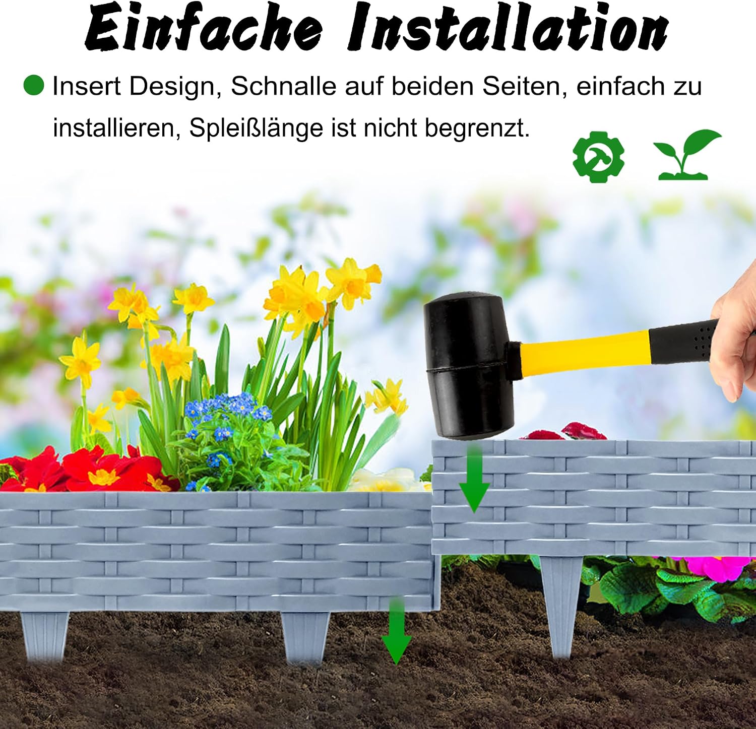 Detalle de Aufun 20m Rattan Rasenkante – flexible Beetumrandung aus PP mit 20 Elementen (100 cm), Grau
