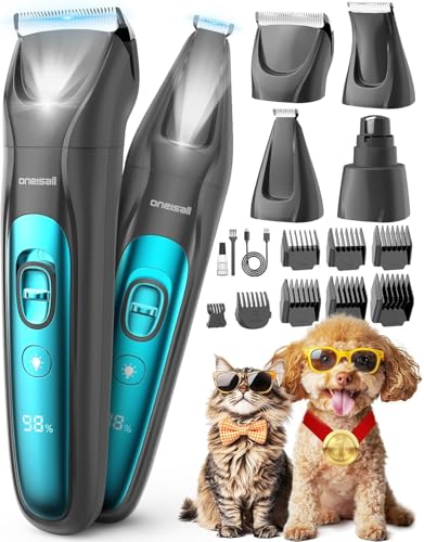 Detalle de oneisall Cortapelos silencioso 4 en 1 para perros y gatos con luz LED (Azul) – Aseo completo y suave