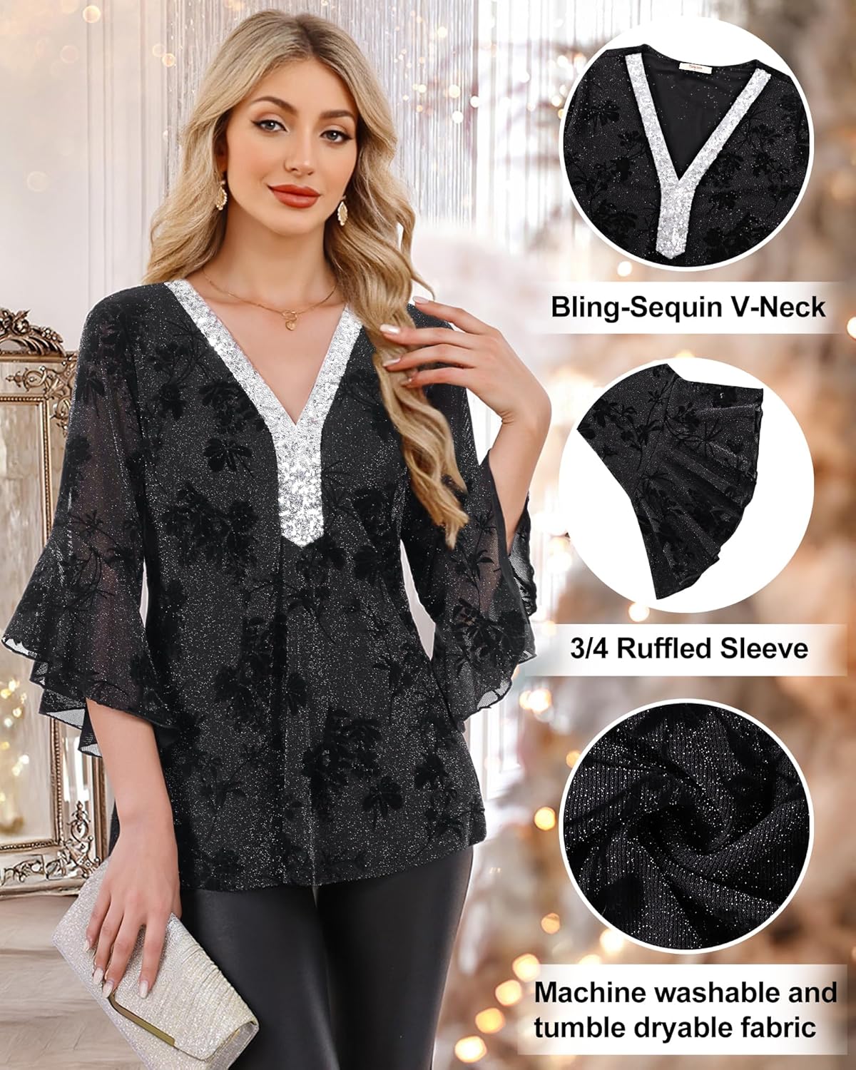 Thumbnail 4 de Bodhi talk Elegante Damen Bluse 3/4 Ärmel Glitzer Mesh mit V-Ausschnitt
