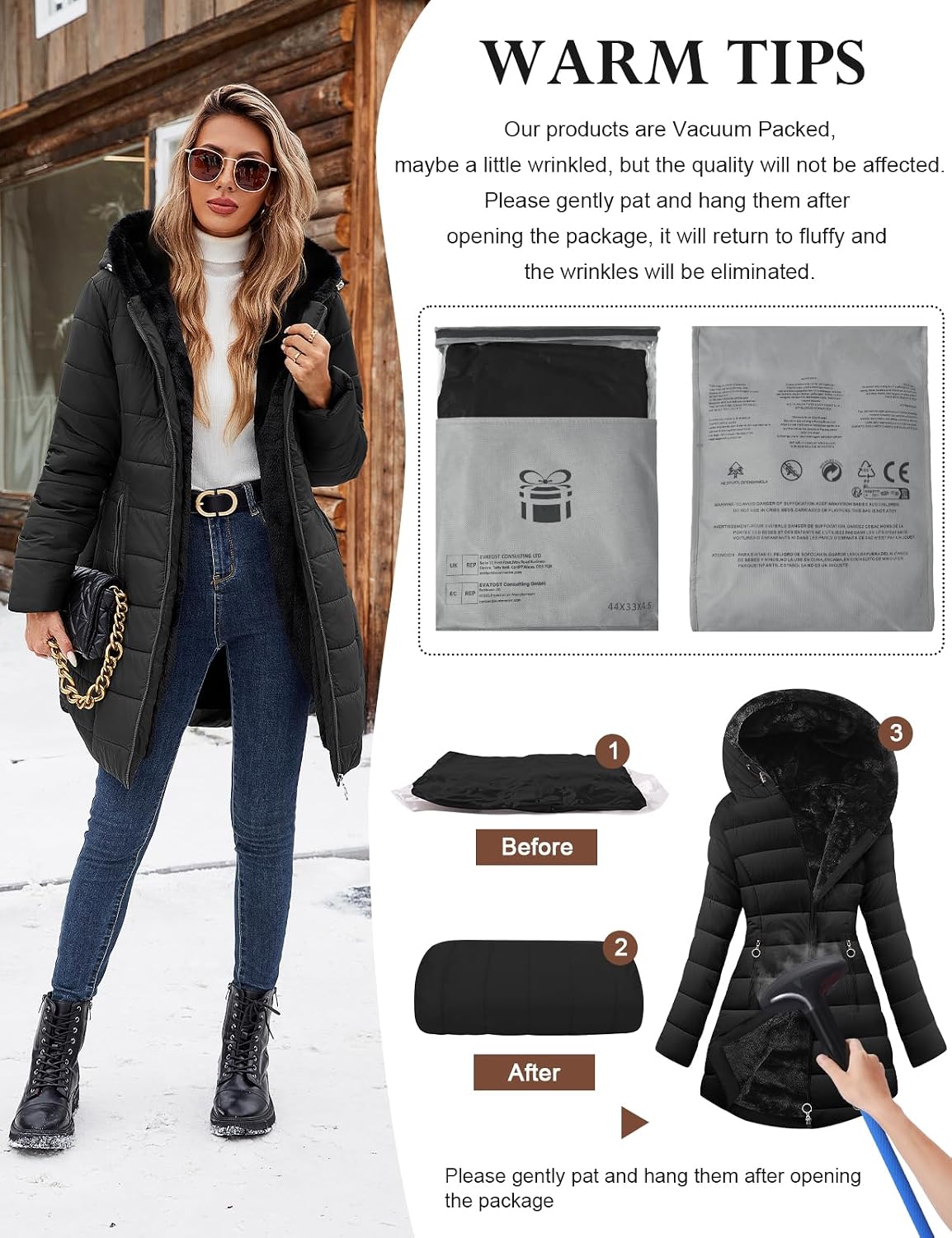 Thumbnail 6 de VXVGER Women's Long Fleece-Lined Hooded Coat, Wind-Resistant with Pockets