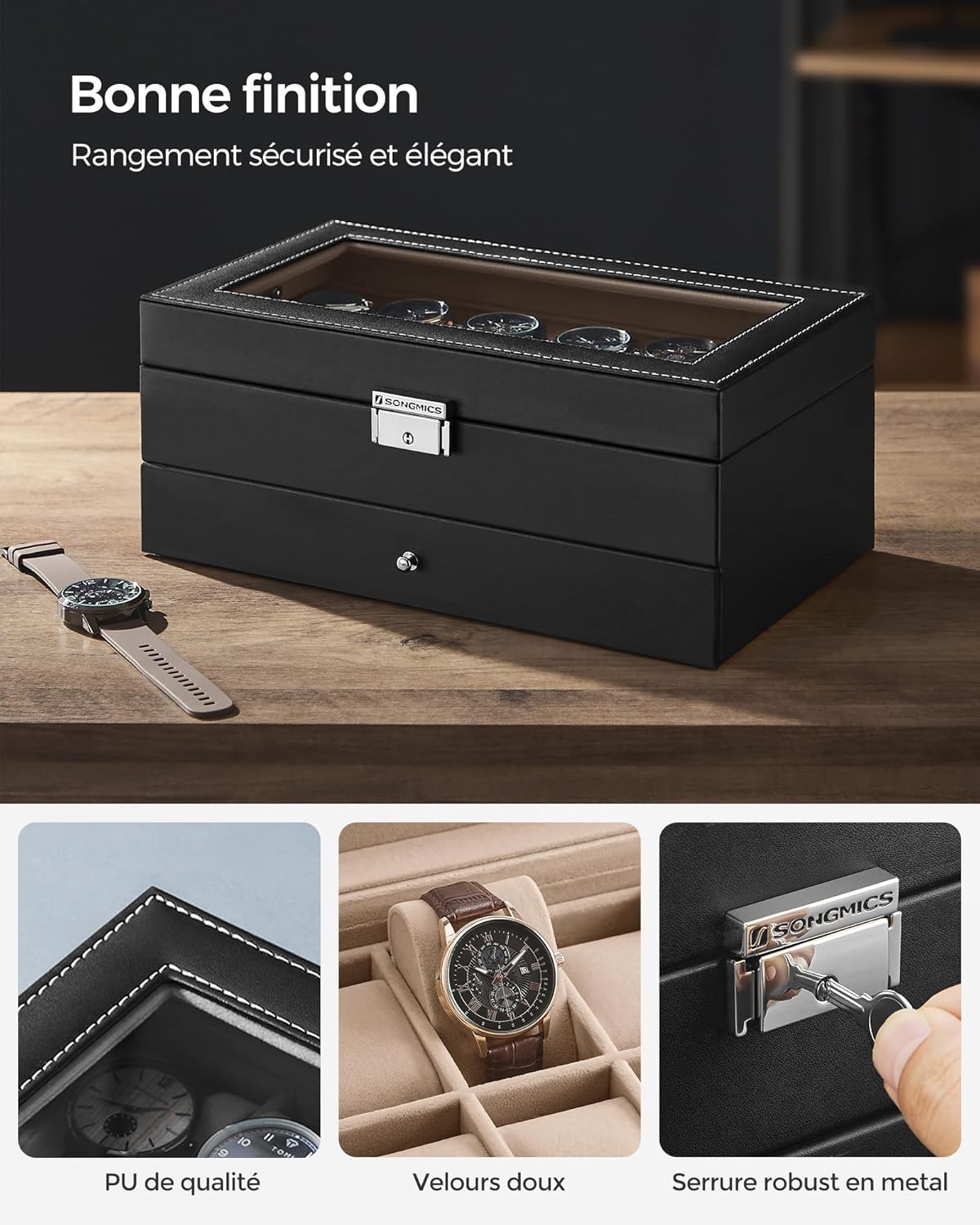 Thumbnail 3 de SONGMICS Boîte à Montres JWB012 – Coffret à 2 niveaux, 12 montres, PU Noir, Doublure beige verdâtre, Verrouillable