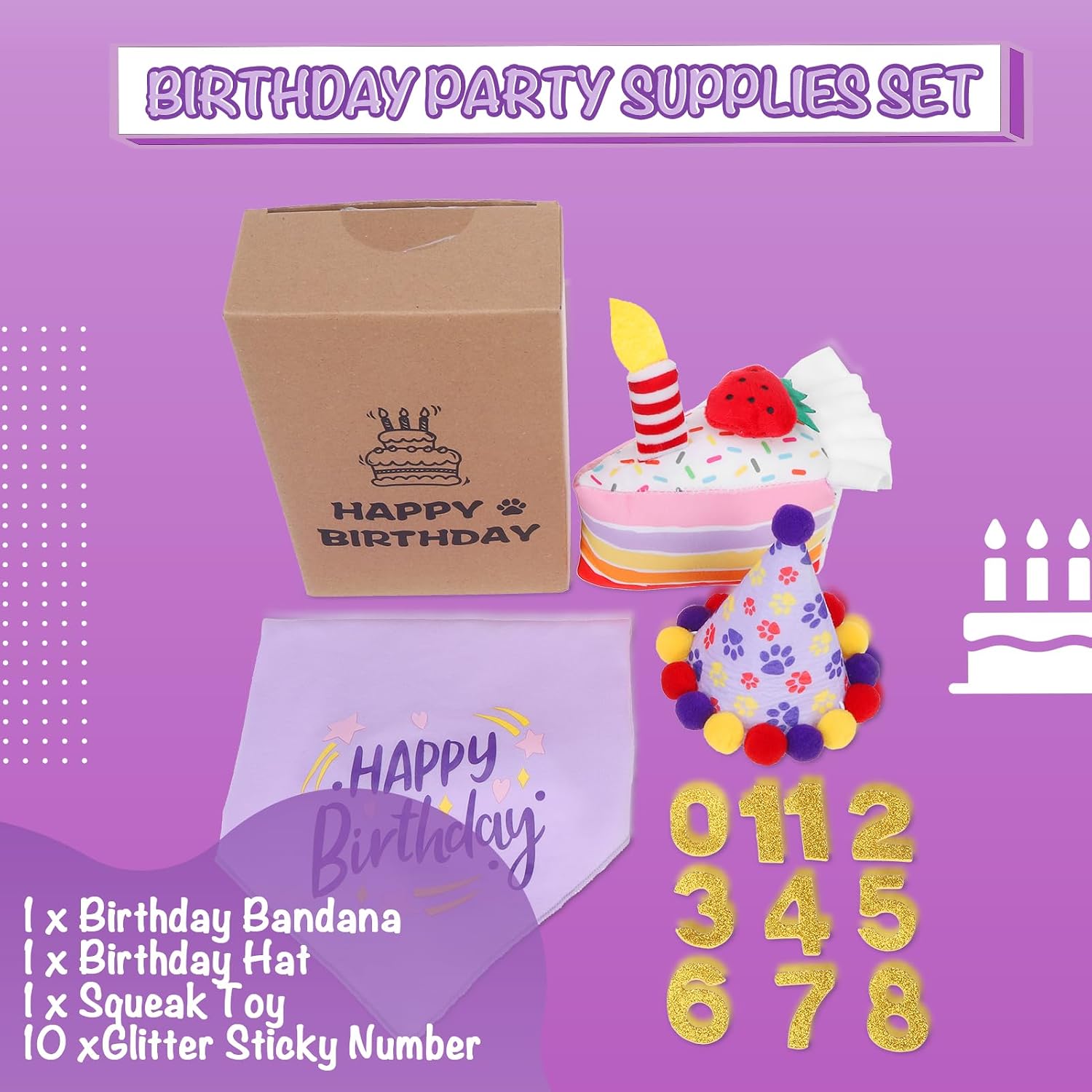 Detalle 2 de KOOLTAIL Dog Birthday Bandana Hat Squeaky Cake Plush Toy Set (Purple) – Adjustable birthday outfit + squeaky plush
