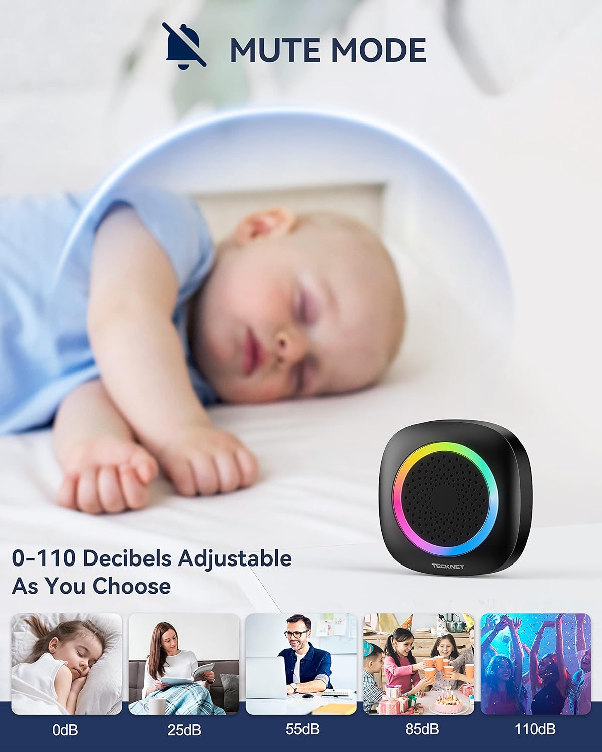Detalle de TECKNET Wireless Doorbell kit with RGB light, IP66 waterproof design and 110 dB volume