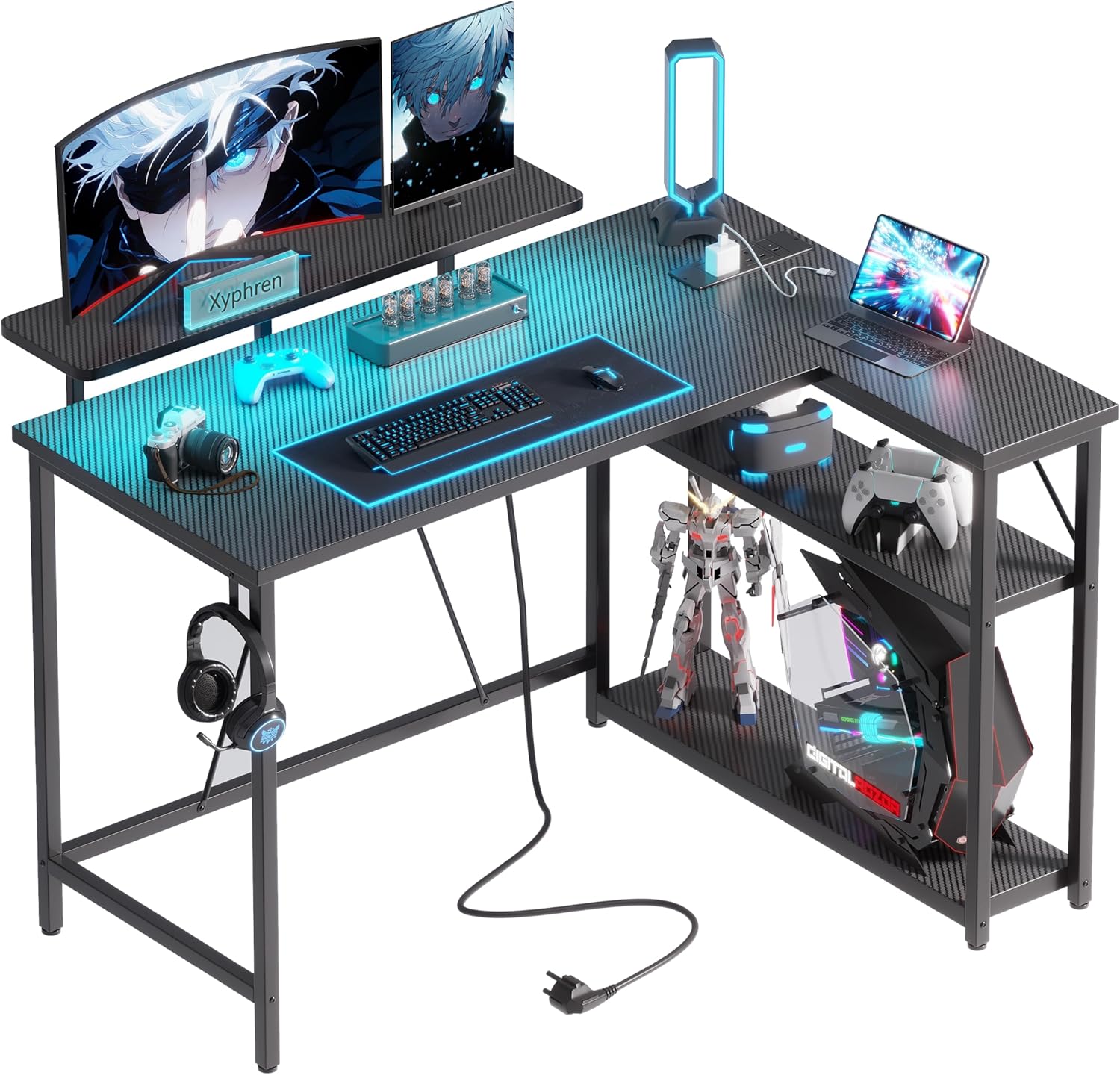 Detalle de Xyphren L Shaped Gaming Desk with RGB LED Lights, Power Outlets & Adjustable Shelves (Carbon Black)