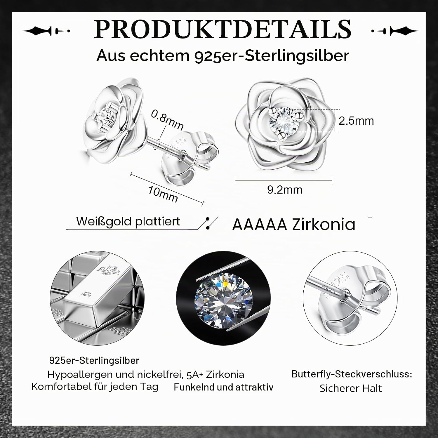 Detalle de JeweBella kleine Rosen-Ohrstecker aus Silber 925 mit 5A+ Zirkonia – hypoallergen für Damen & Mädchen