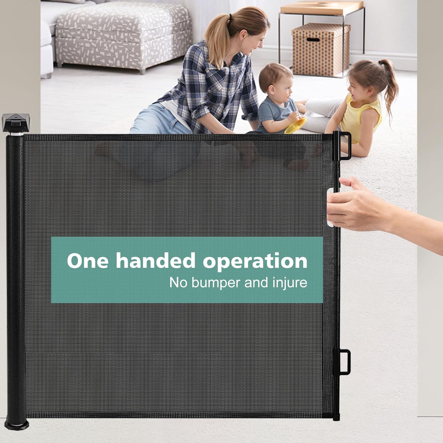 Detalle 2 de Retractable Stair Gate for Baby and Dog Gate – 150 cm Reach, 86 cm Tall, One-Hand Operation (Black, 2M)
