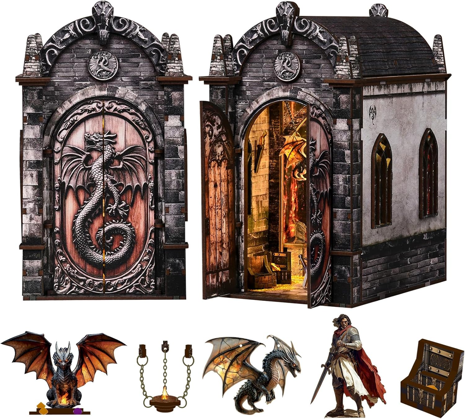 Detalle de BATTREVO Book Nook Kit Regno Nascosto del Drago – Set fai-da-te con vela di luci e vetro acrilico