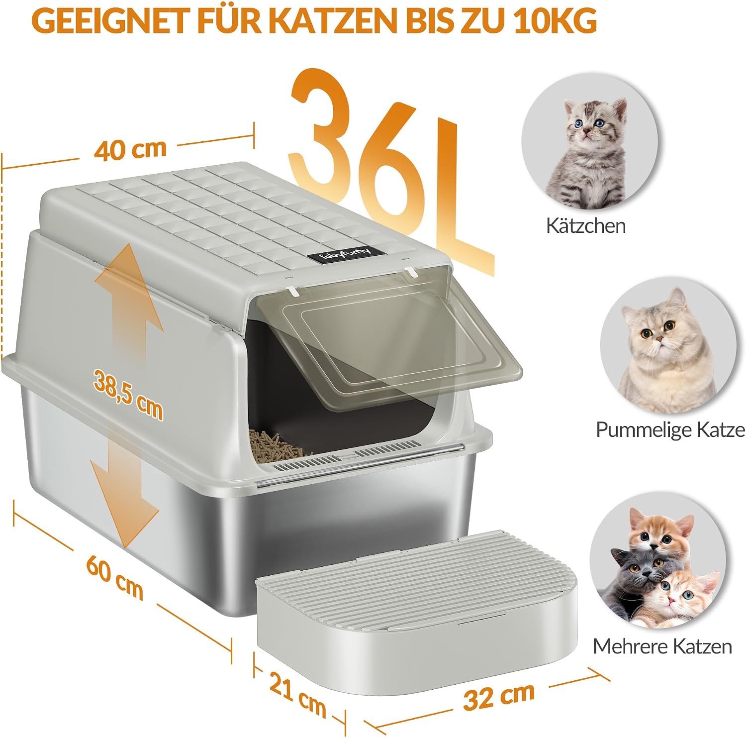 Thumbnail 4 de Fobyfurny Edelstahl-Katzenklo 60×40×38,5 cm 🐱