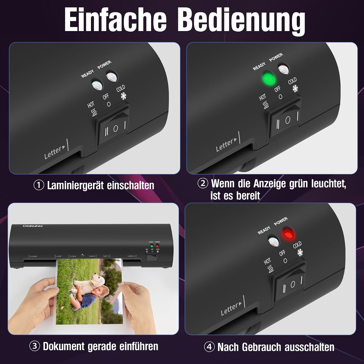 Thumbnail 3 de OidoZac A4 Laminiergerät – 4-in-1 Laminiergerät mit 80–125 μm, 15 Laminierfolien, Eckenrunder & Papierschneider
