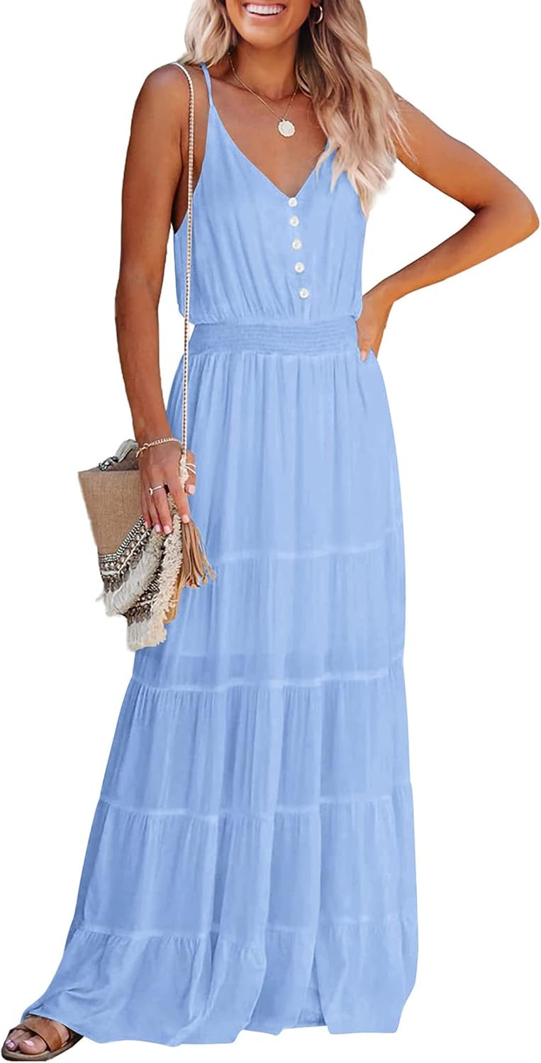 Detalle de PRETTYGARDEN Women's 2026 Summer Maxi Dress: Spaghetti Strap, High-Waist Chiffon Sundress