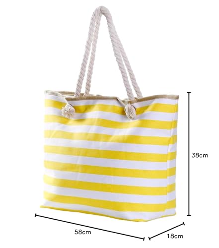 Thumbnail 7 de DonDon Bolso de playa grande con cremallera: diseño a rayas blanco y amarillo