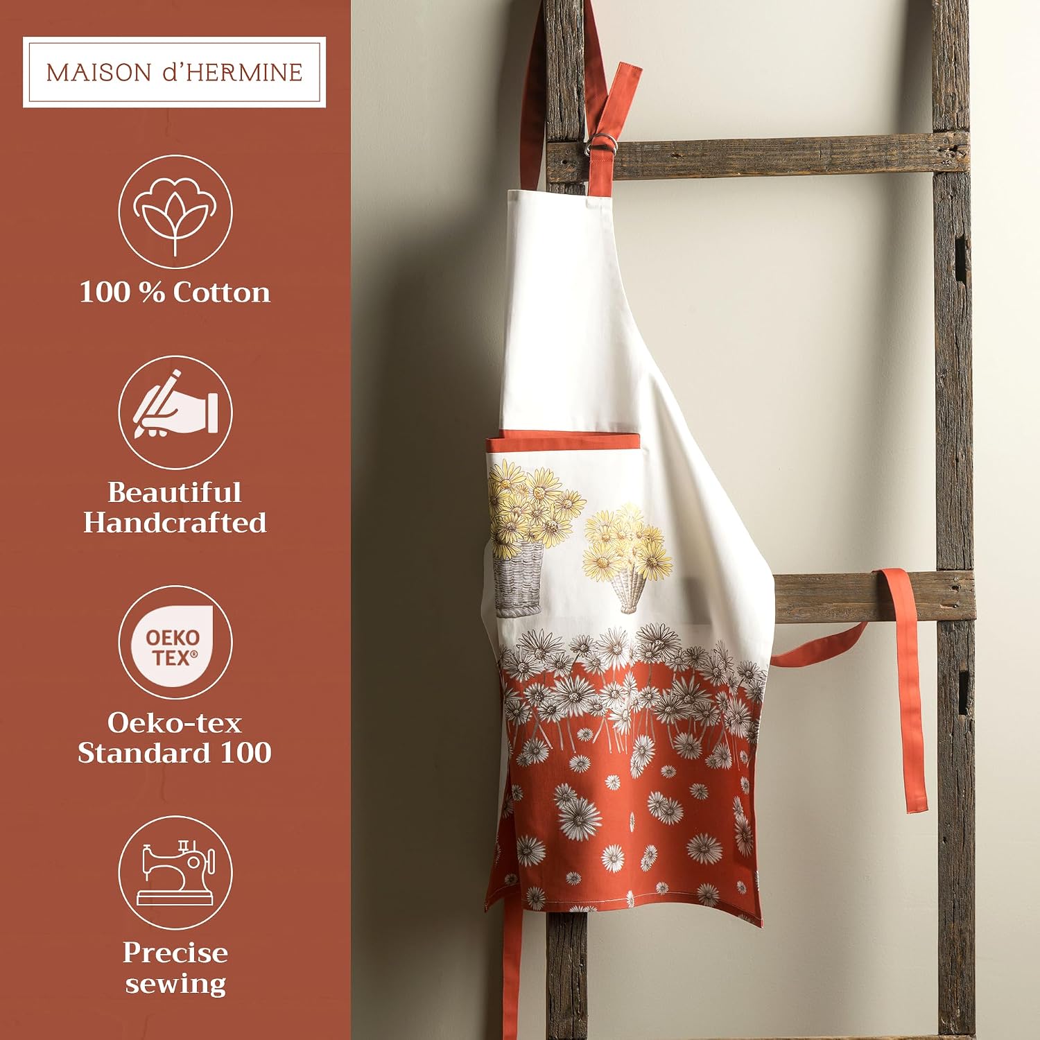 Detalle 2 de Maison d' Hermine Cotton Apron with Pocket, Adjustable Neck Strap and Long Ties