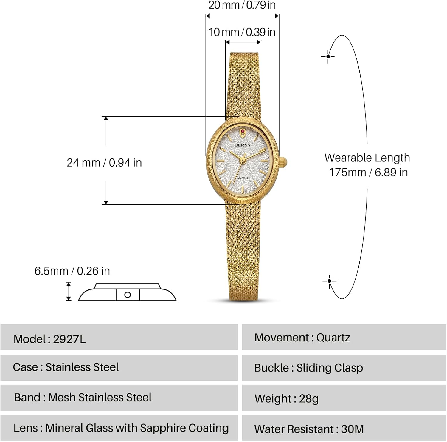 Thumbnail 5 de BERNY Damen Gold ovale Armbanduhr mit Quarzwerk, 3ATM wasserdicht – leicht & elegant