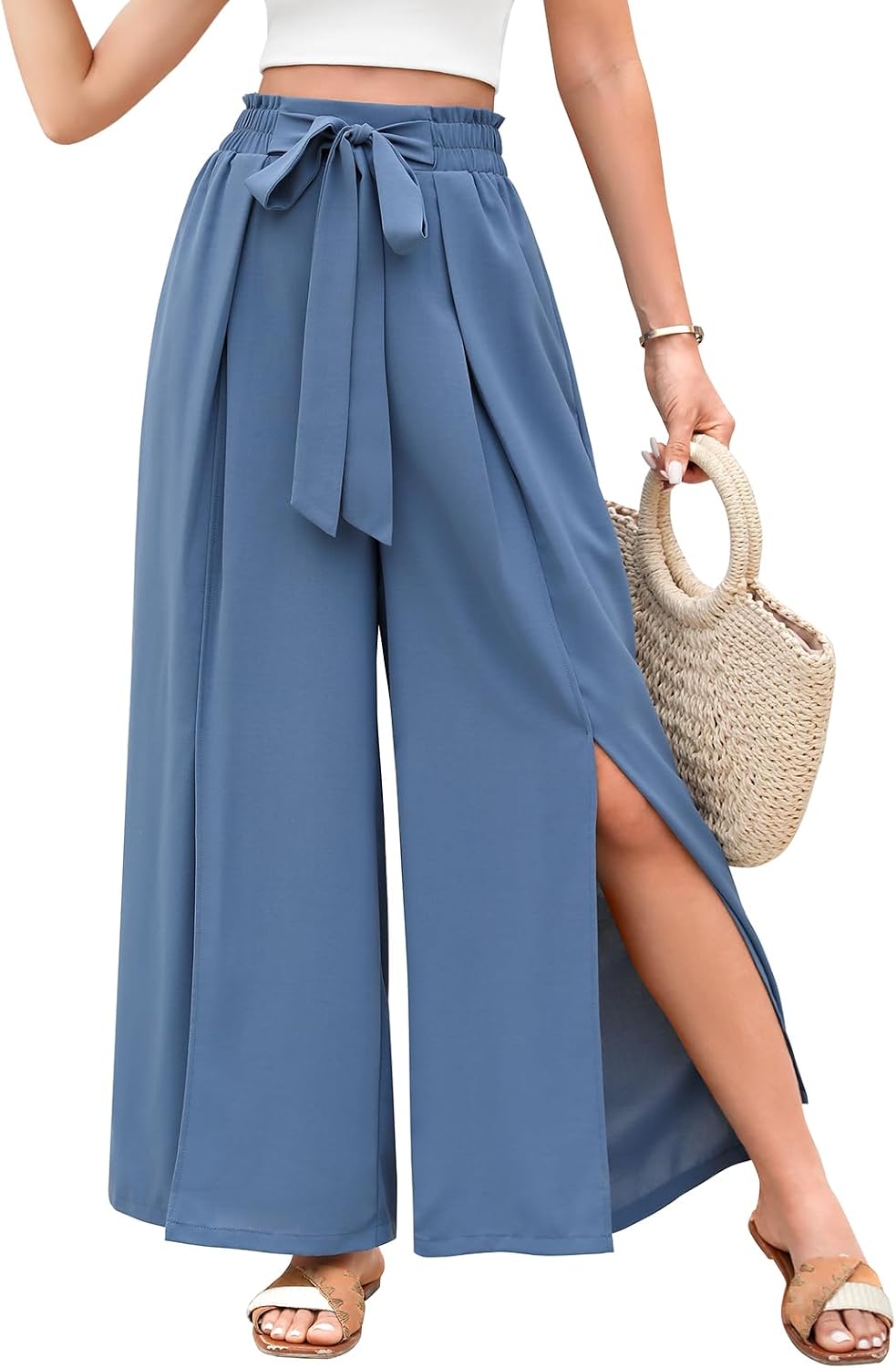 Detalle de Svanco Pantalon d'été fluide pour femme à jambes larges et ouvertes, taille élastiquée