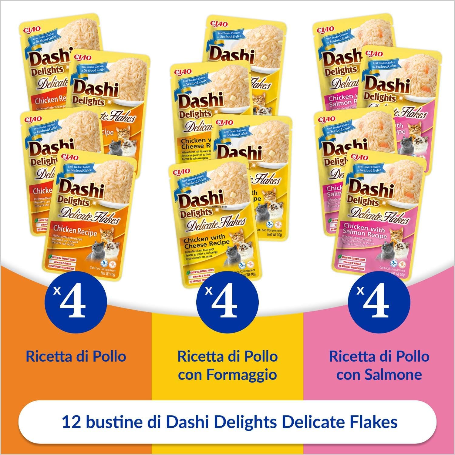 Detalle de INABA Dashi Delights Delicate Flakes: Fiocchi in Brodo per Gatti, 3 Ricette – 12 Bustine da 40 g