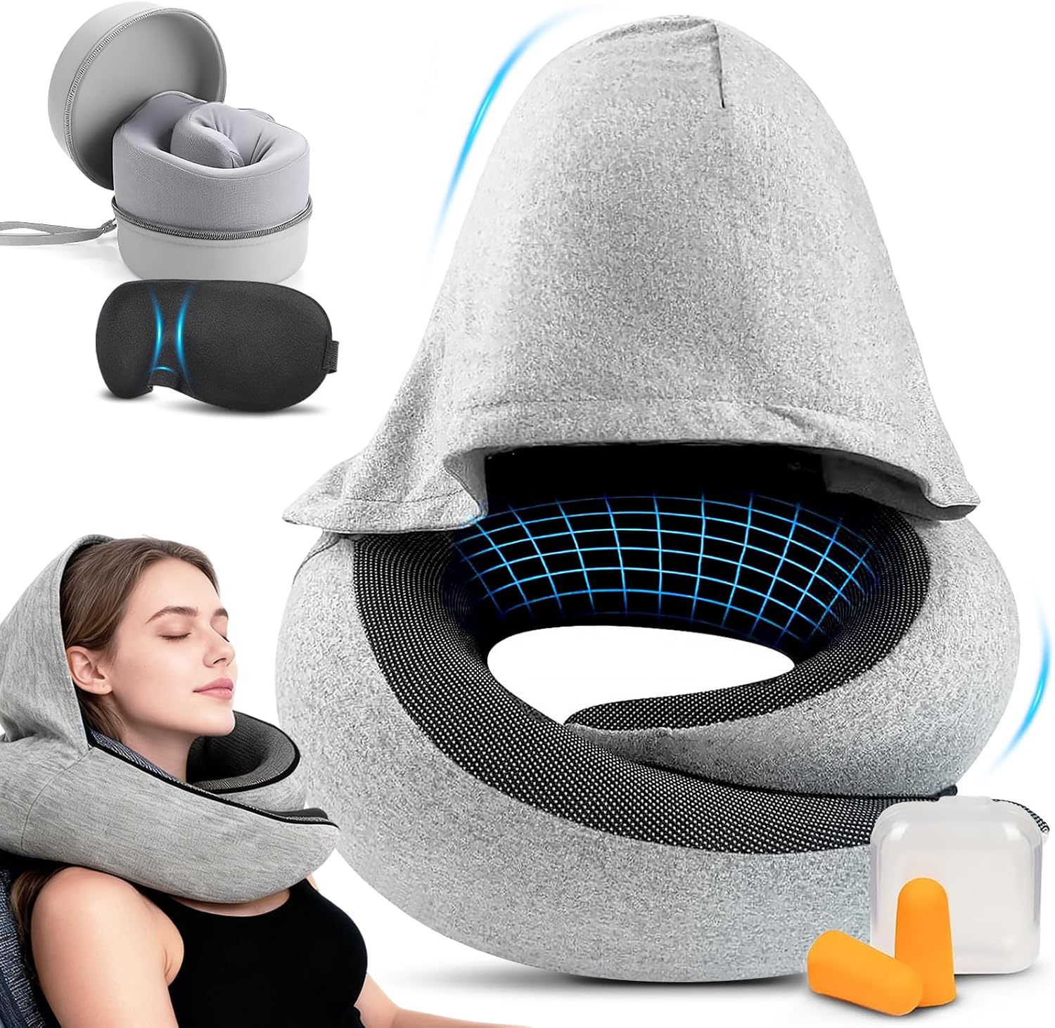 Detalle de Kakveiai Nackenkissen Flugzeug – verstellbares Reisekissen mit Kapuze, Memory Foam & Schlafmaske