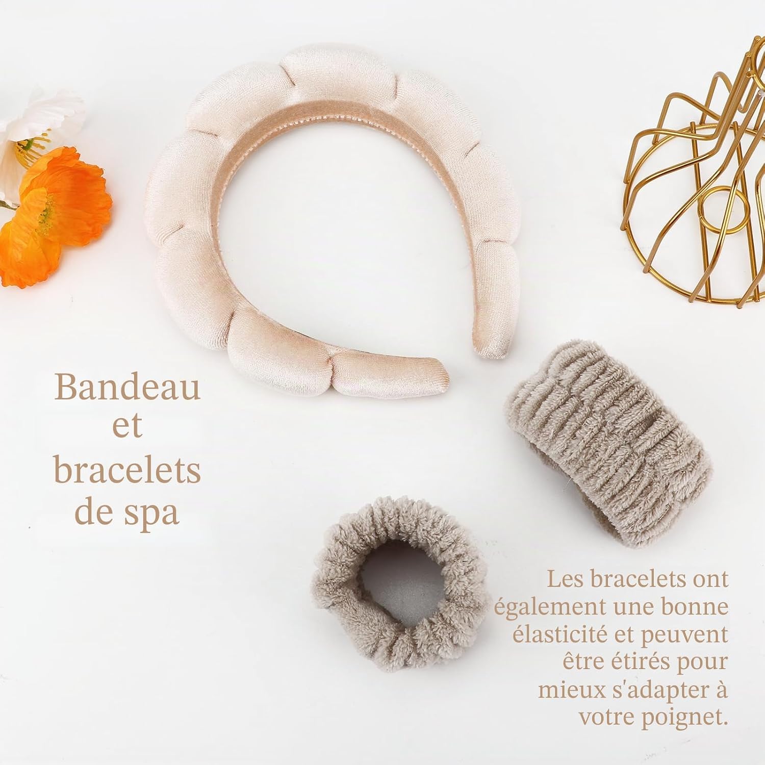 Detalle de DRESHOW Bandeau Spa pour le Lavage du Visage et Bracelets Éponge Doux – Ensemble confortable et absorbant
