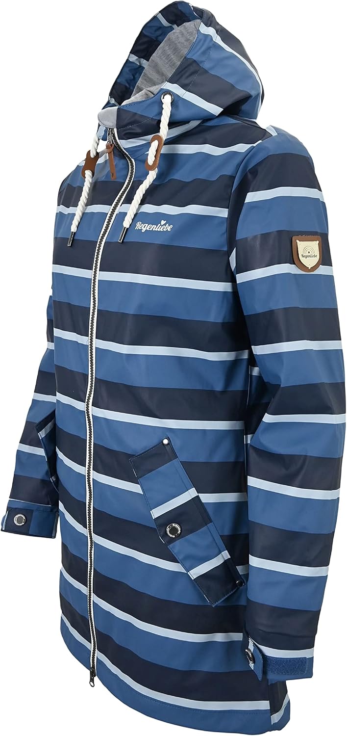 Detalle de Regenliebe Damen Regenmantel Friesennerz gestreift 624 – wasserdichter Regenponcho mit Kapuze und tailliertem Schnitt