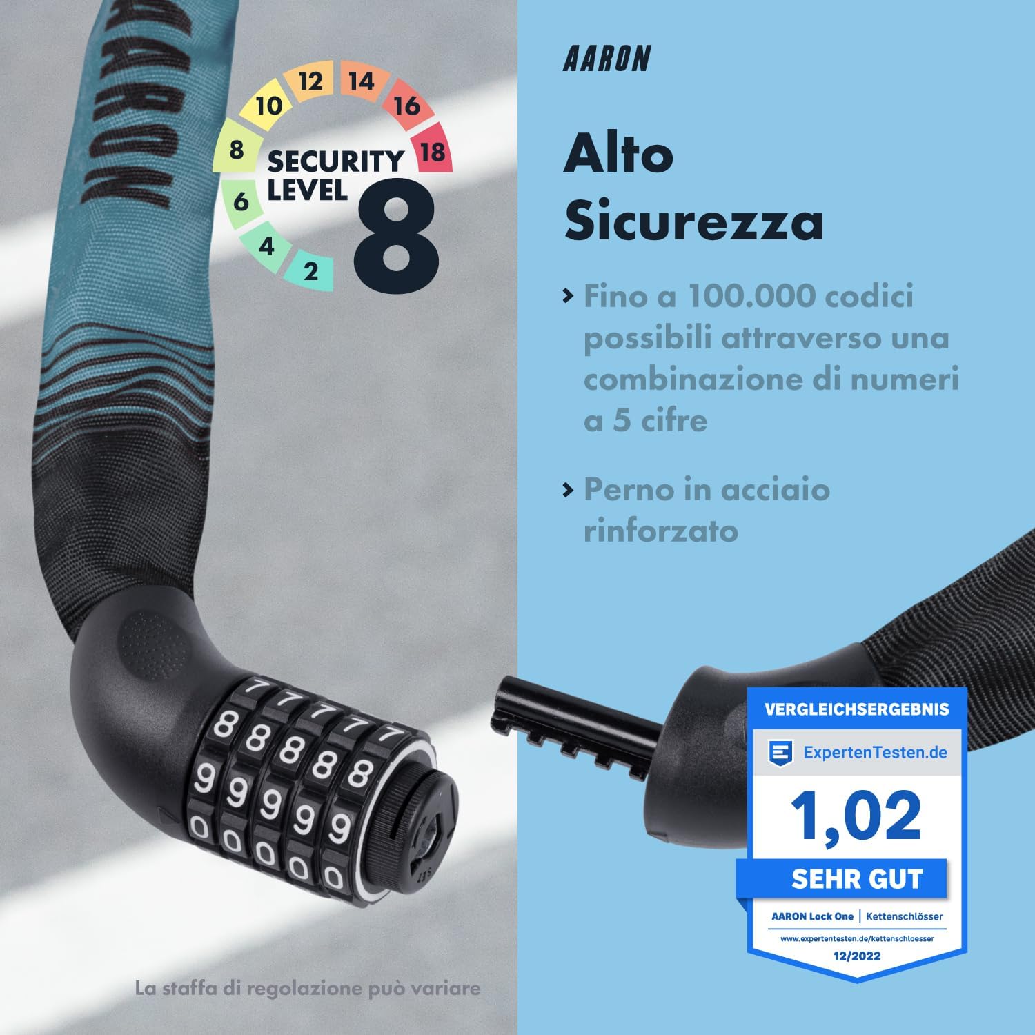Detalle de AARON Lock One: Catena antifurto a combinazione 5 cifre per bici e veicoli leggeri