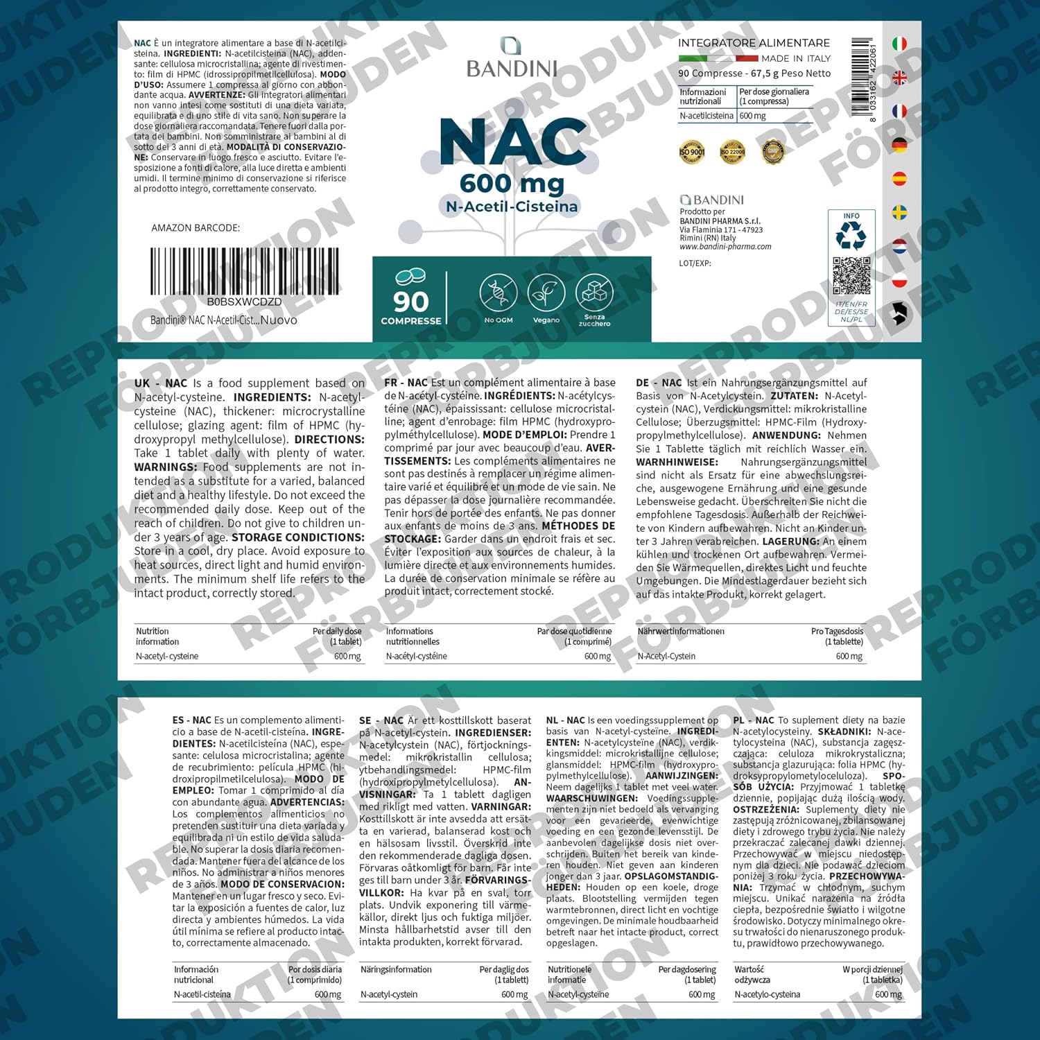 Detalle 1 de BANDINI NAC N-Acetyl-Cysteine 600 mg – 90 veganska tabletter