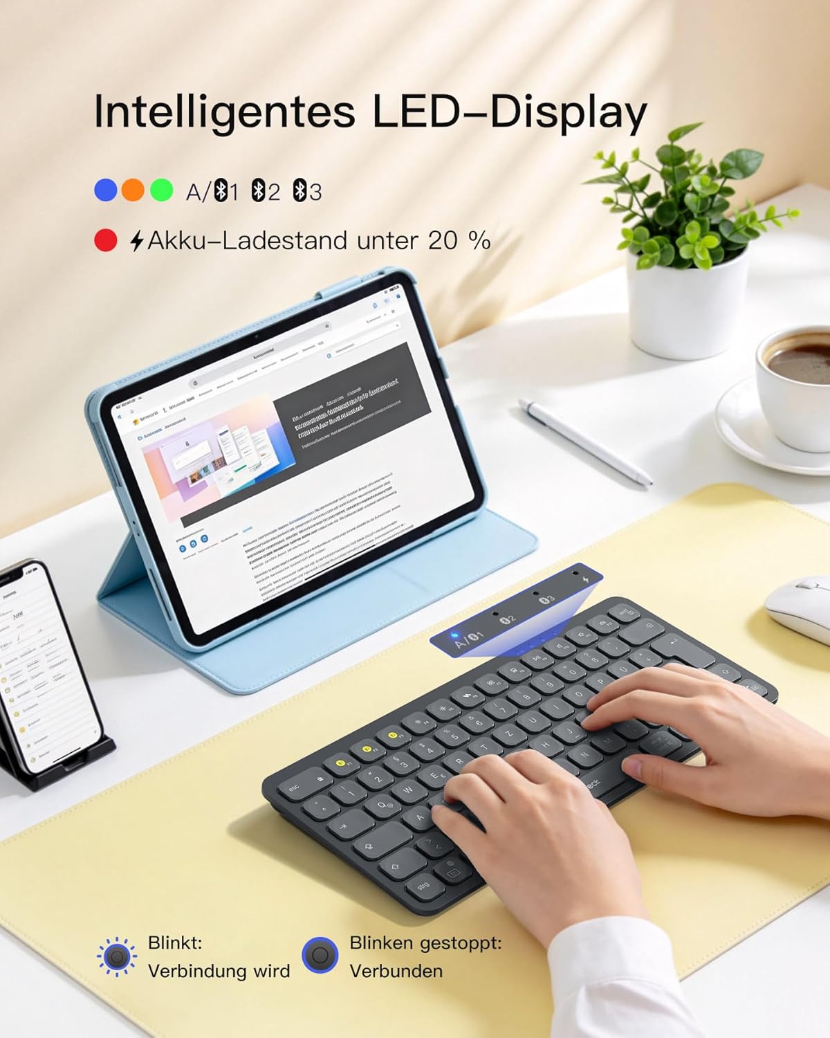 Detalle 2 de Inateck KB107: Kabellose Bluetooth-Tastatur mit 3-Geräte-Switch, ultradünn und ergonomisch
