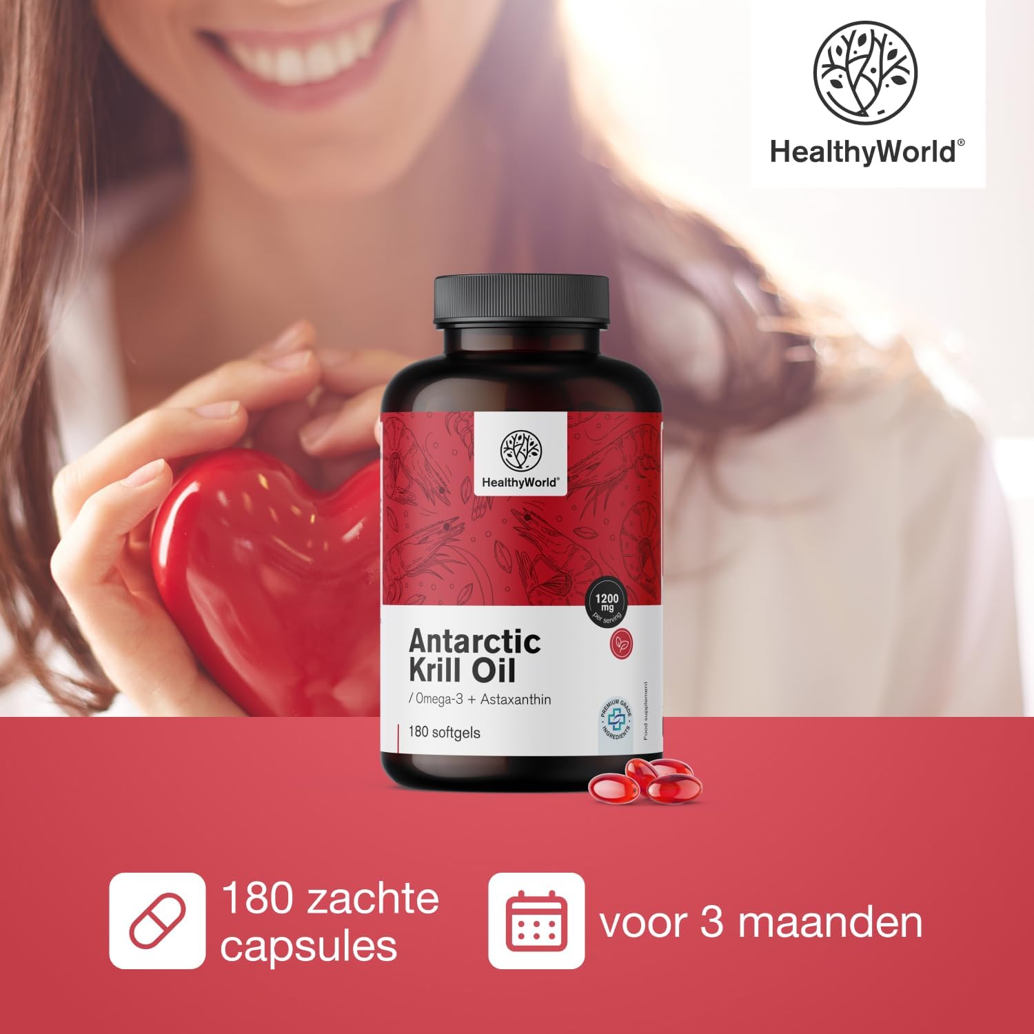 Detalle de HealthyWorld Krillolie 1200 mg met omega 3, astaxanthine en 180 capsules