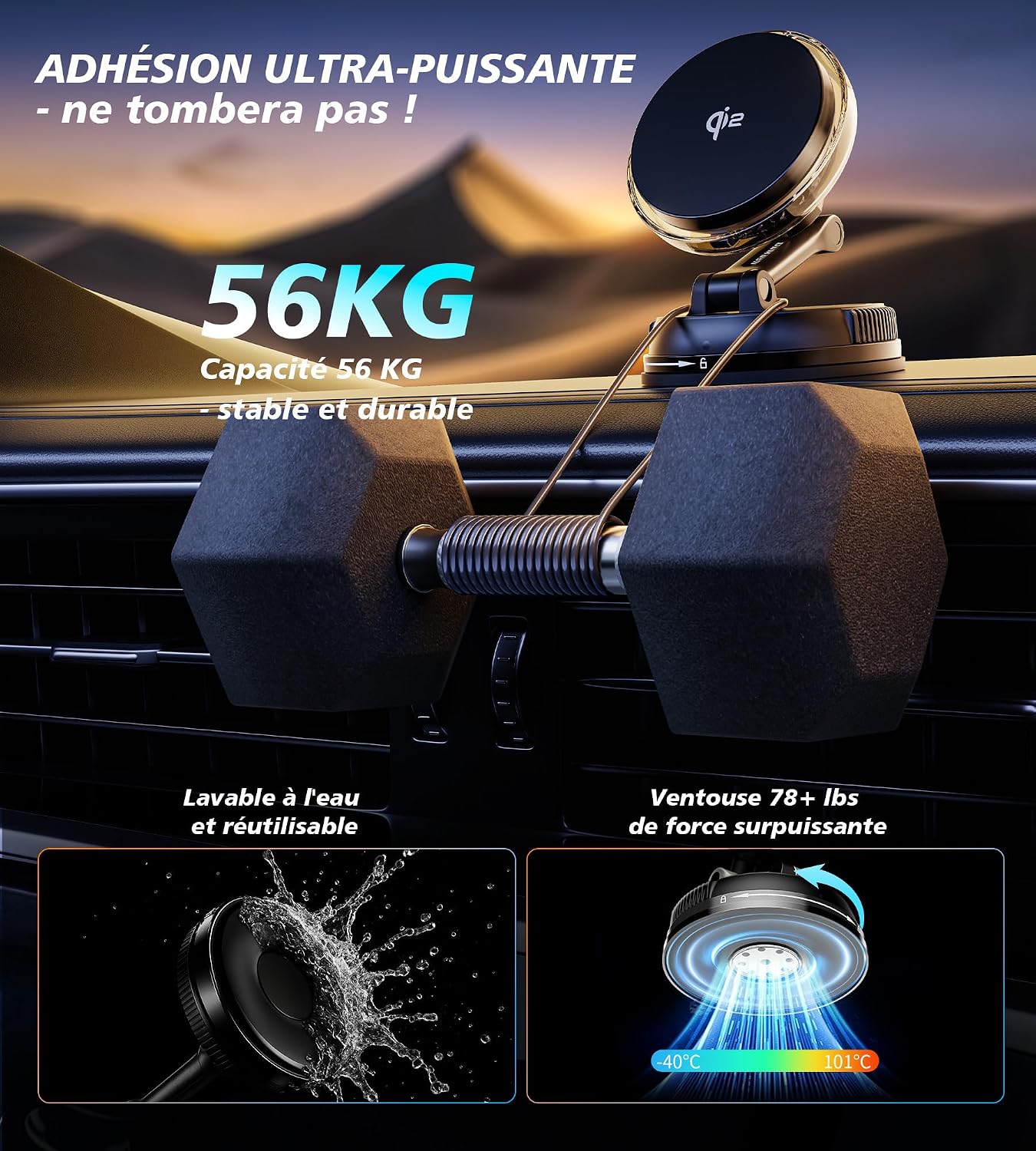 Detalle de Support MagSafe pour voiture 15W avec ventilateur et éclairage RGB – charge rapide et refroidissement