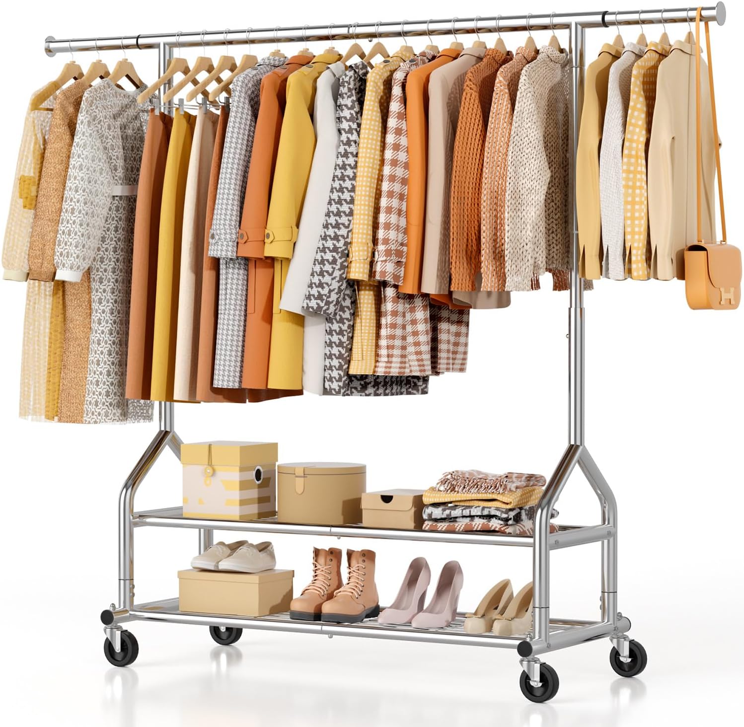 Detalle de EAGMAK UKGRP070 Rolling Clothes Rack with Adjustable Height and 2 Shelves