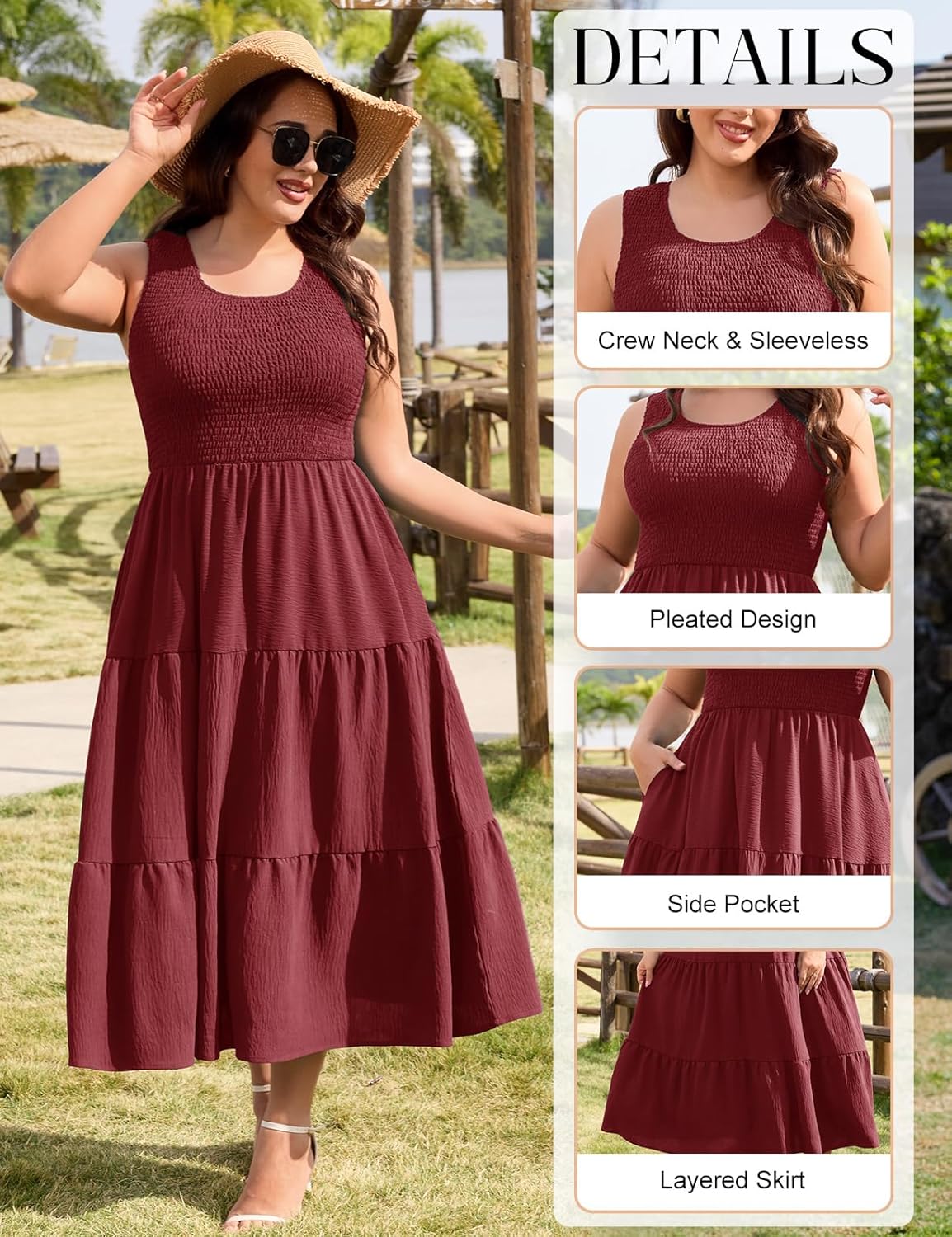 Detalle de PASUDA Robe Longue d'Été Femme Taille Grande – Col Carré, Sans Manches, Taille Haute Élastique, Fluide et Chic