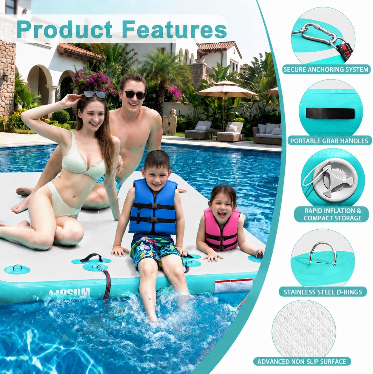 Detalle de AWSUM Inflatable Floating Dock Air Dock Platform — Stable, Modular Floating Island for Lakes, Pools, and Beaches