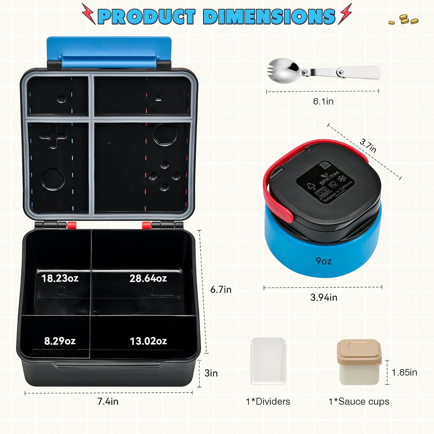 Thumbnail 5 de FAJSL Game Bento Box for Kids: Complete 9 oz Insulated Lunch Box Set (Blue-Red)