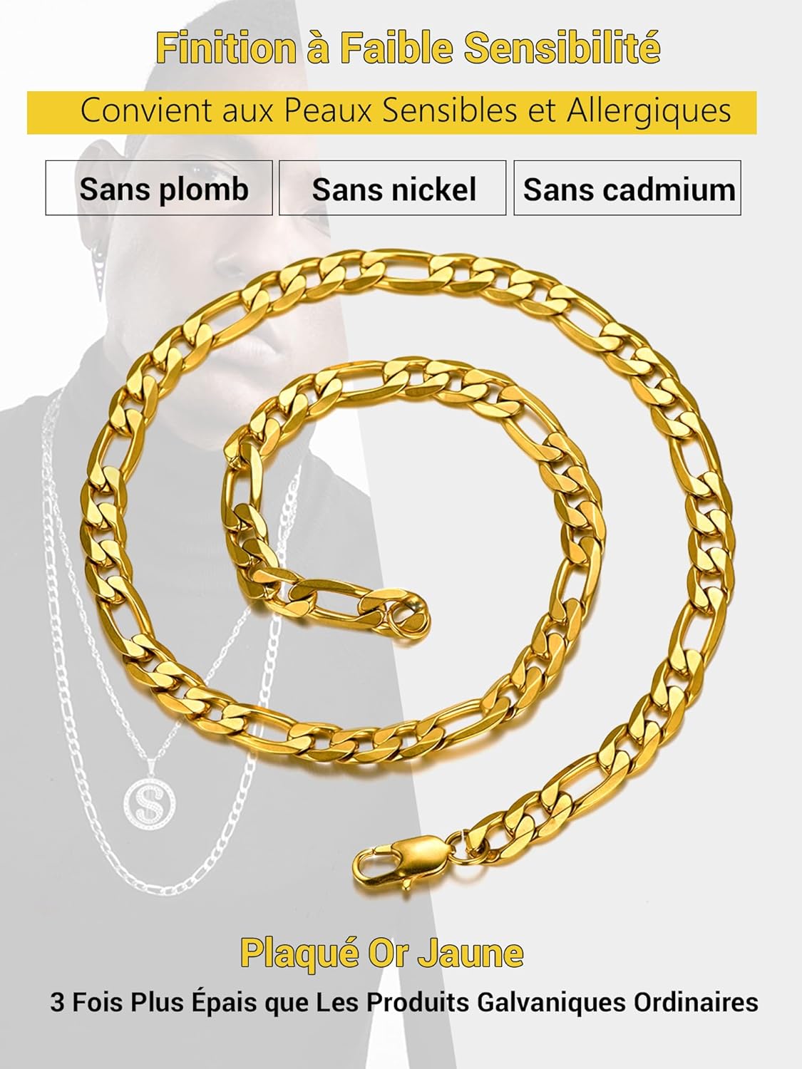 Thumbnail 2 de Collier chaîne Figaro PROSTEEL en acier inoxydable 316L plaqué or, maillon alterné 3 en 1 (largeur 4/6/9/13 mm) jusqu’à 76 cm