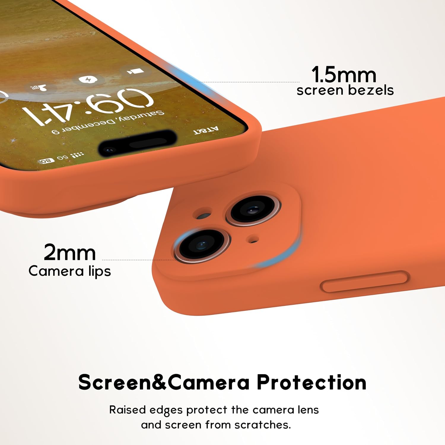 Detalle de INGIDO Gelborange Hülle für iPhone 15 – Flüssigsilikon mit erweitertem Kameraschutz und Soft-Mikrofaserfutter