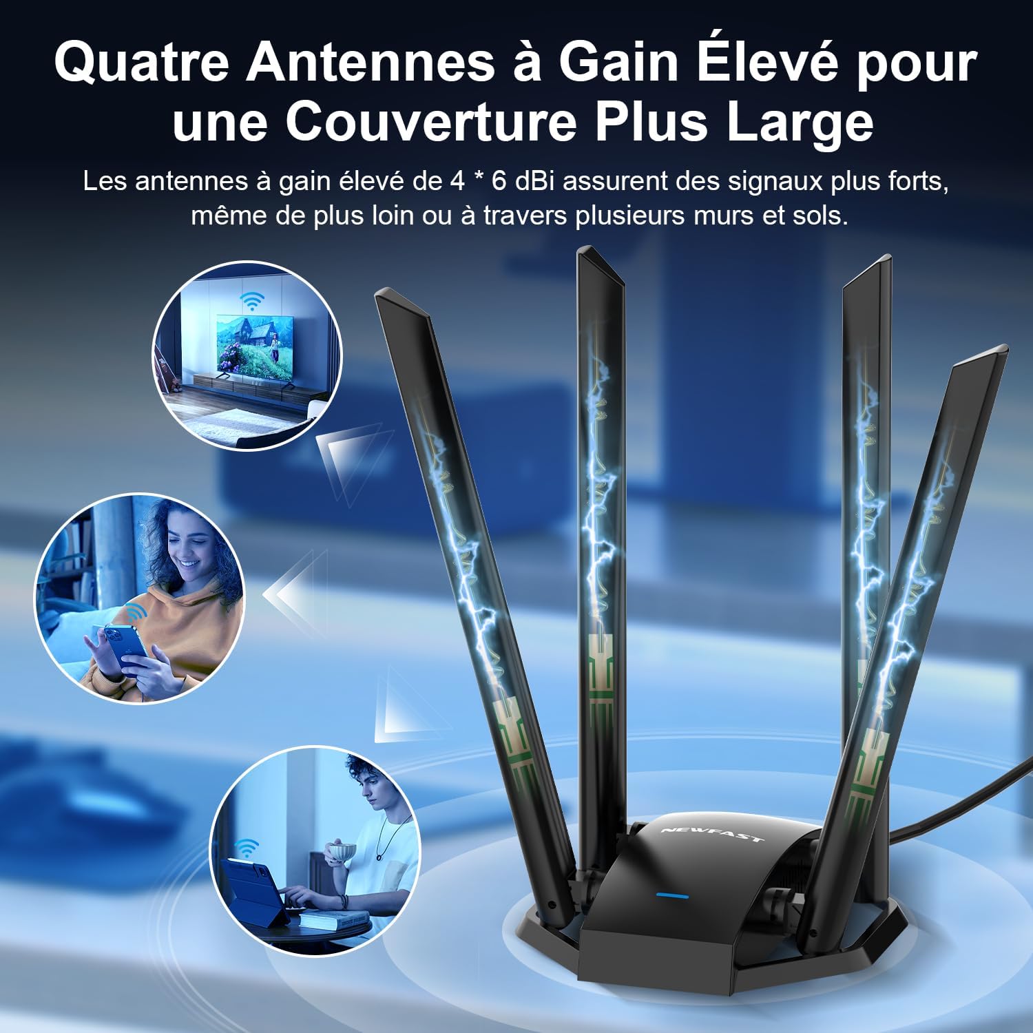 Detalle de NEWFAST U329 Clé WiFi AC1300 Mbps pour PC – 4 antennes 6 dBi, MU-MIMO, USB 3.0
