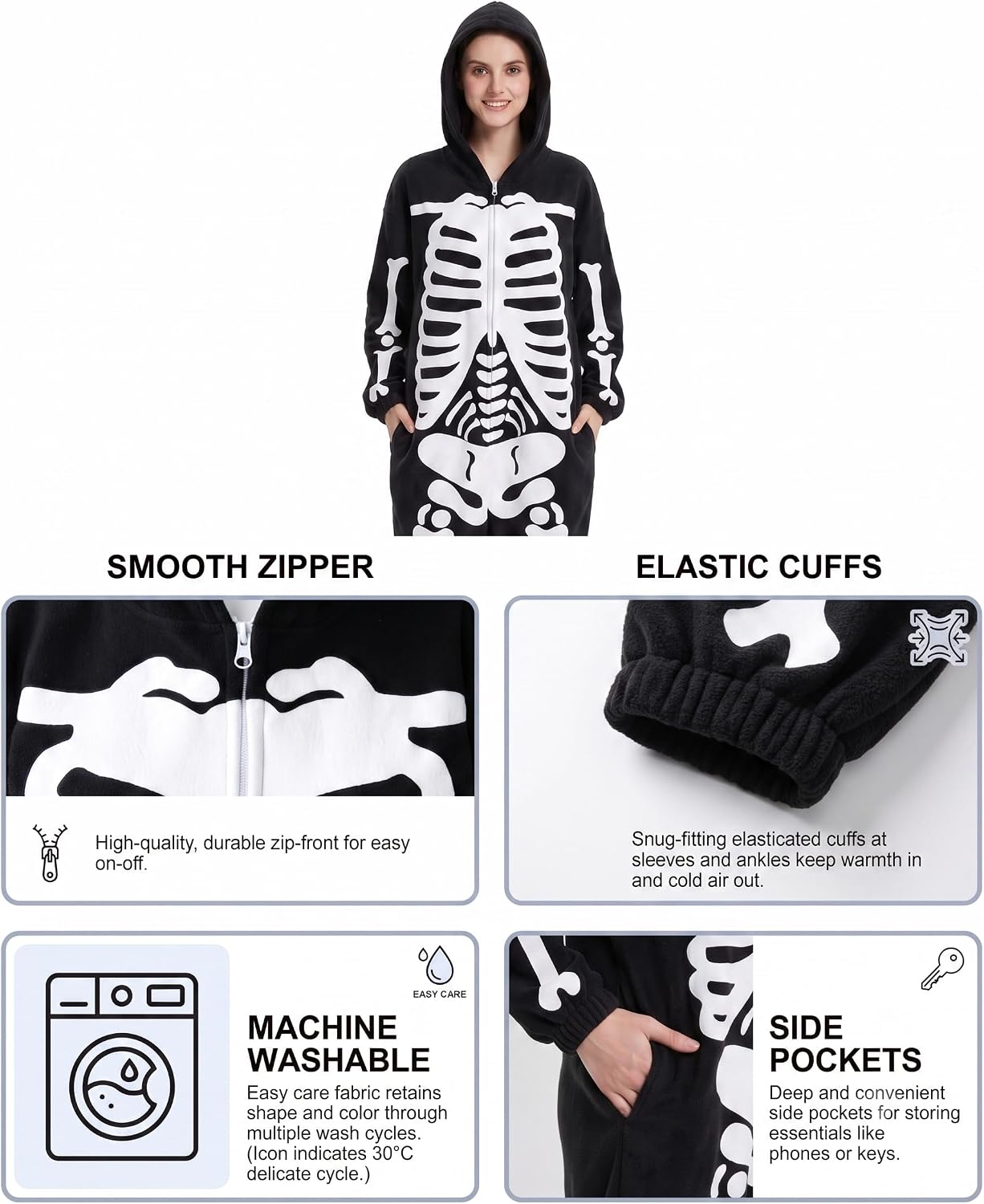Detalle 2 de Hundredmore Adult Skeleton Onesie Pajamas with Plush Fabric, Zip Front and Pockets