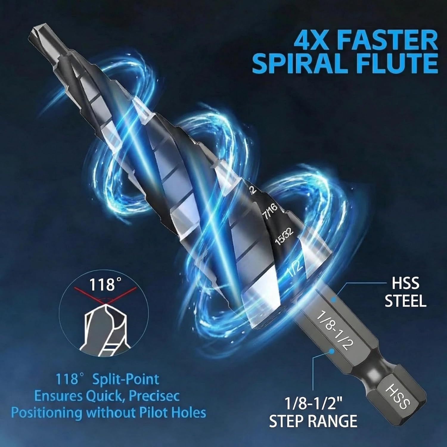 Thumbnail 1 de KASAFE Step Drill Bit - Precision 4-Flute Spiral, M35 Cobalt HSS TiAlN Coated, 1/8"-1/2", Hex Shank