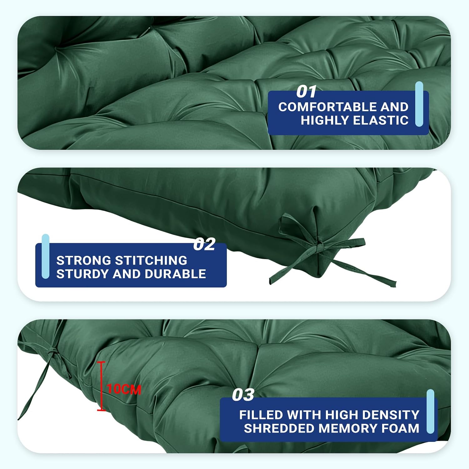 Thumbnail 2 de ZxrFxr Waterproof Swing Seat Cushions (Forest Green, 120x100cm) – 2/3/4 Seater with Anti-Slip Strips