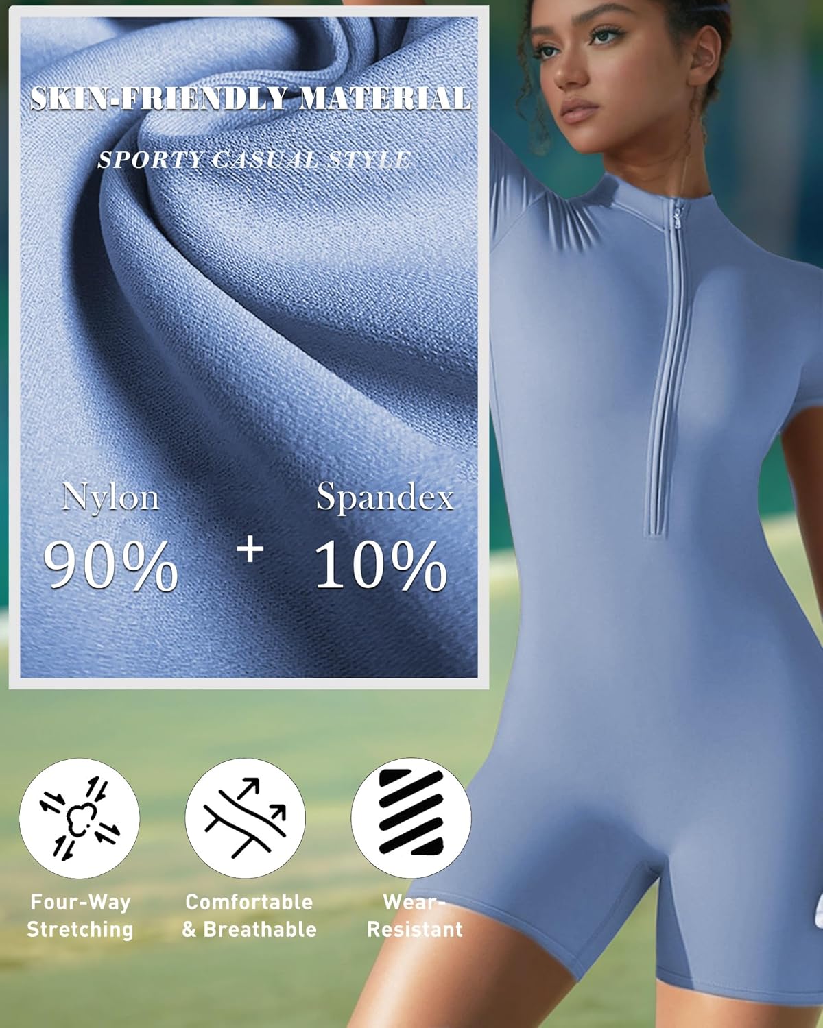 Thumbnail 3 de Merlvida Damen Sport-Jumpsuit kurz eng für Yoga, Fitness & Workout – nahtloser Ganzkörperanzug mit Reißverschluss