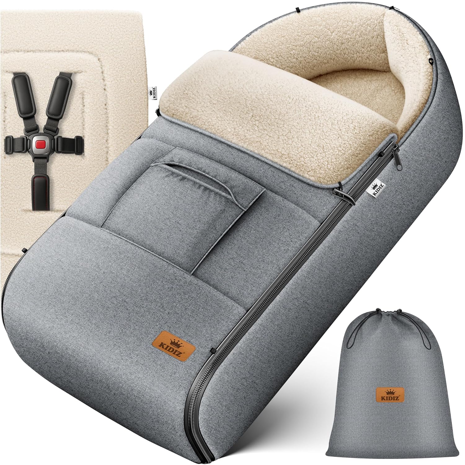 Detalle de Kidiz Babyfußsack Winter für Babyschale & Kinderwagen (Jeans Grau) mit Reißverschluss und verschließbarem Kopfteil