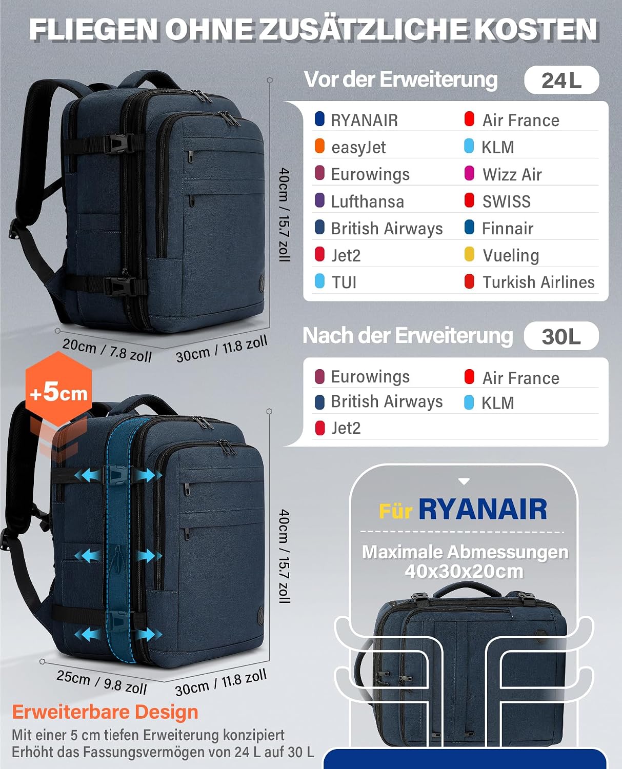 Detalle 2 de VANKEV Handgepäck Rucksack 24–30L