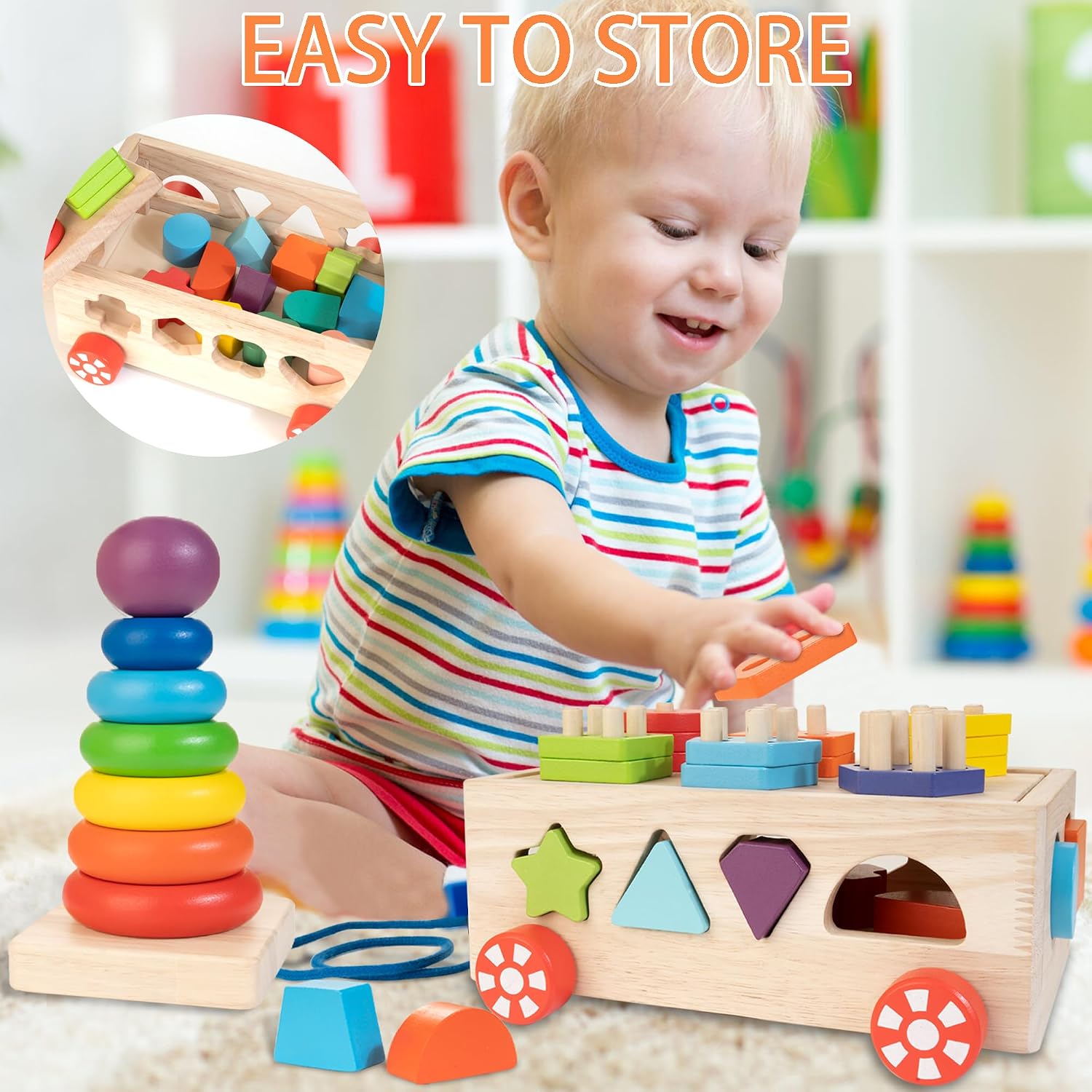 Detalle 2 de Bravmate Montessori Wooden Shape Sorter for 12-18 Months