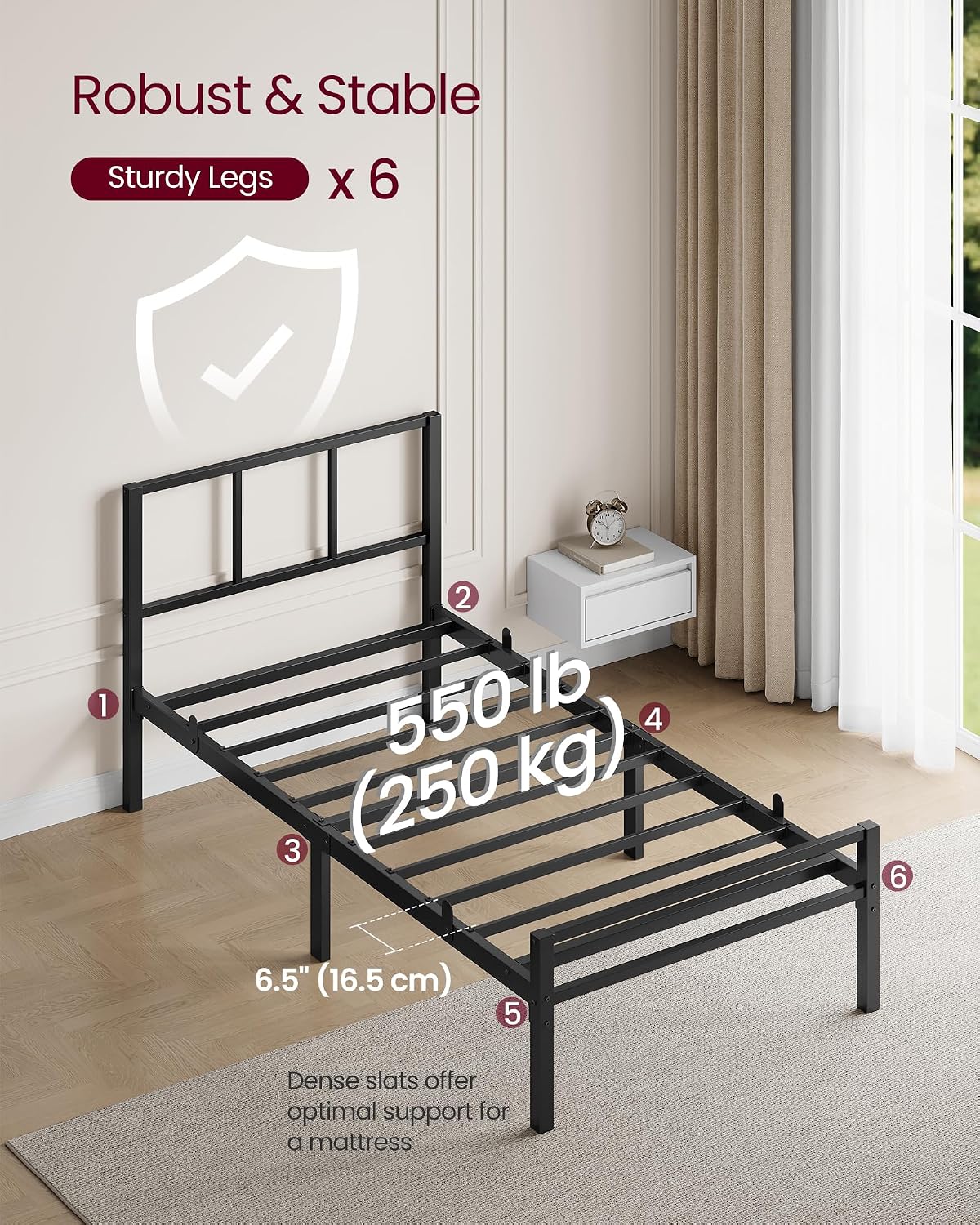 Detalle de VASAGLE Single Bed Frame 90 x 190 cm with Slats and Headboard – Ink Black RMB291B101