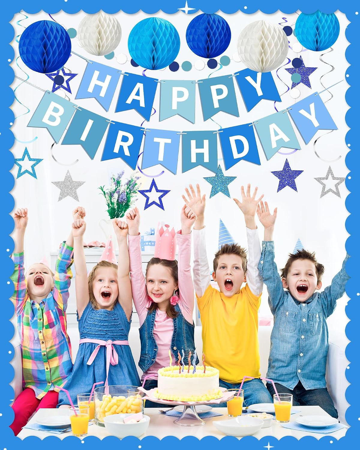 Detalle de Blue Happy Birthday Decorations: Banner Set with Honeycomb Balls, Star Swirl Streamers & Dots Garland