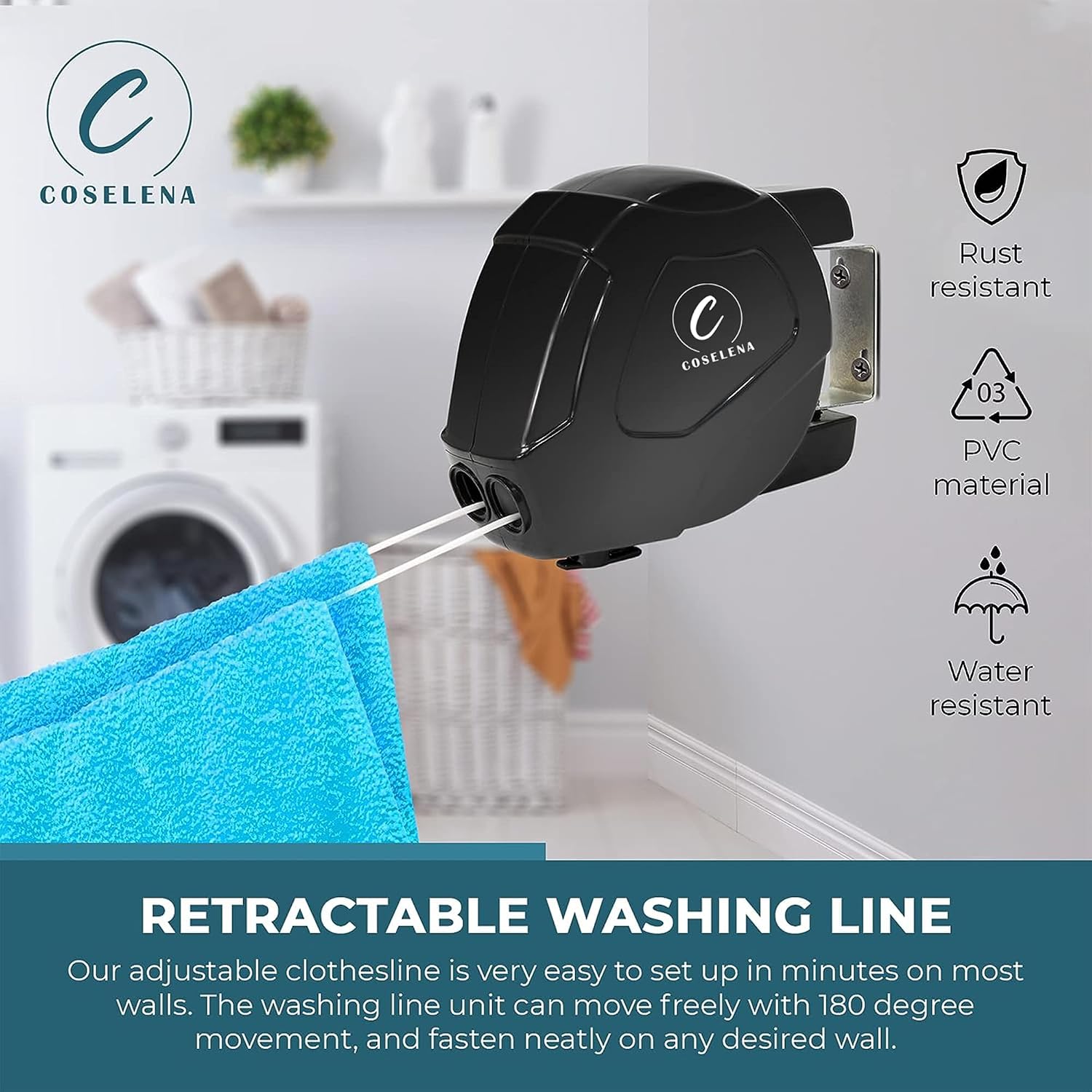 Detalle de Coselena 30m Retractable Washing Line – Heavy-Duty Twin Clothes Line with Hook