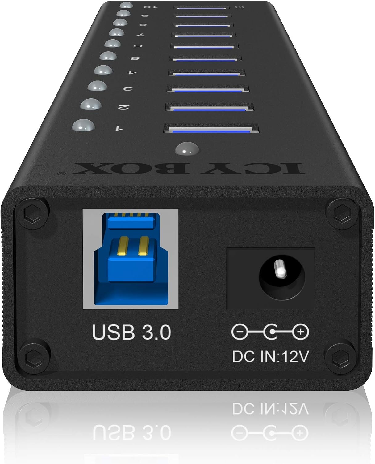 Detalle de ICY BOX IB-AC6110 10-fach USB-3.0-Hub mit Netzteil (12V/4A) und Ladeport, Voll-Aluminium in Schwarz